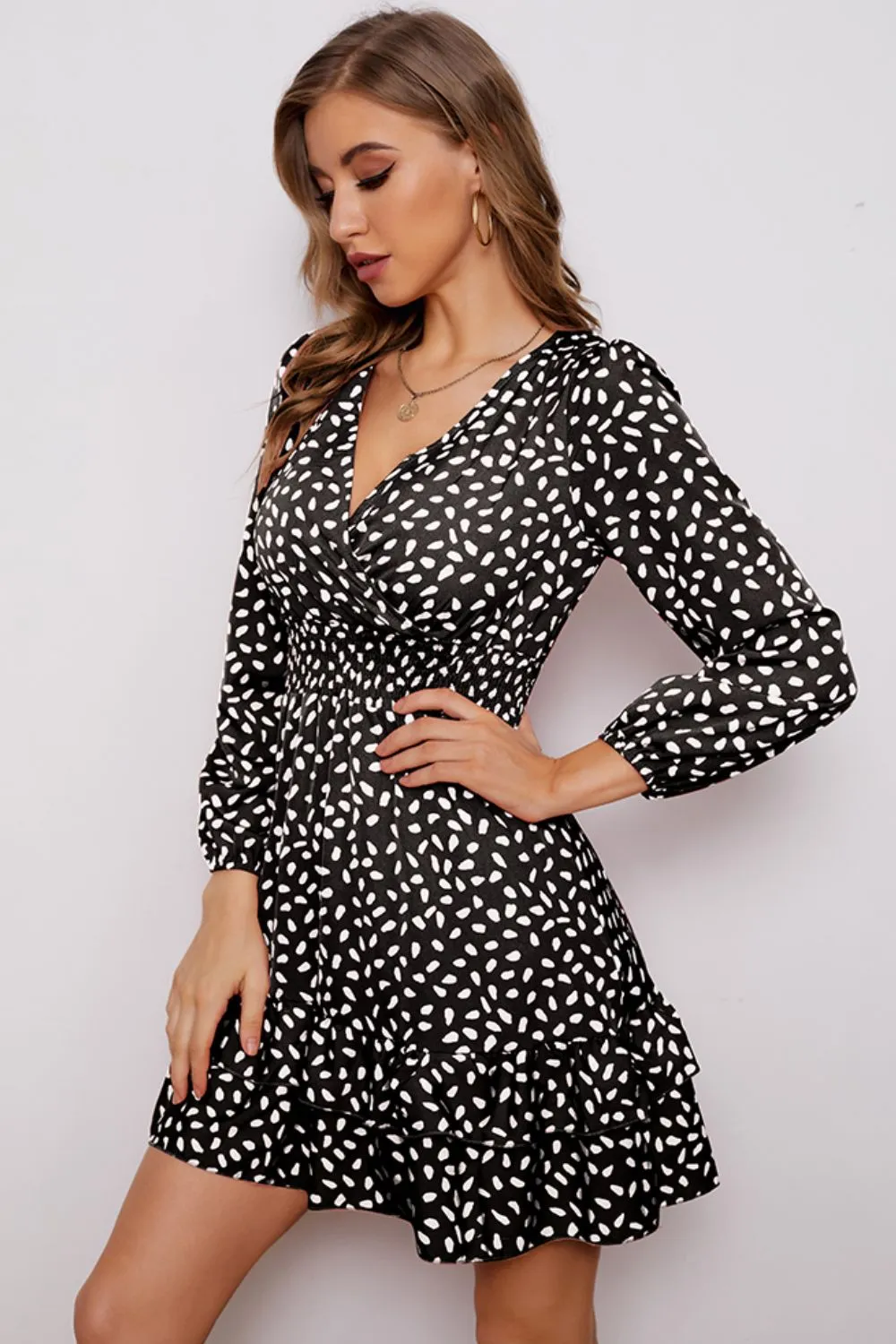 Printed Surplice Neck Puff Sleeve Ruffle Hem Dress (BWD)(WS06)T