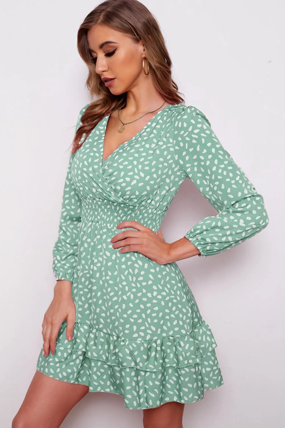 Printed Surplice Neck Puff Sleeve Ruffle Hem Dress (BWD)(WS06)T