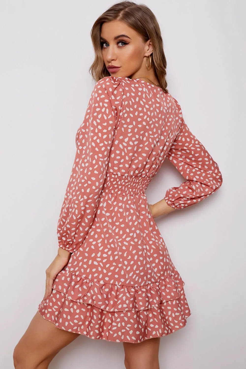 Printed Surplice Neck Puff Sleeve Ruffle Hem Dress (BWD)(WS06)T