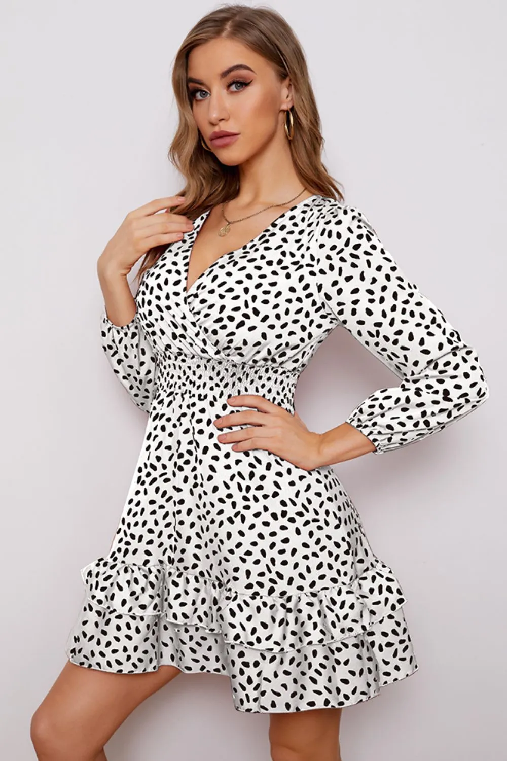 Printed Surplice Neck Puff Sleeve Ruffle Hem Dress (BWD)(WS06)T