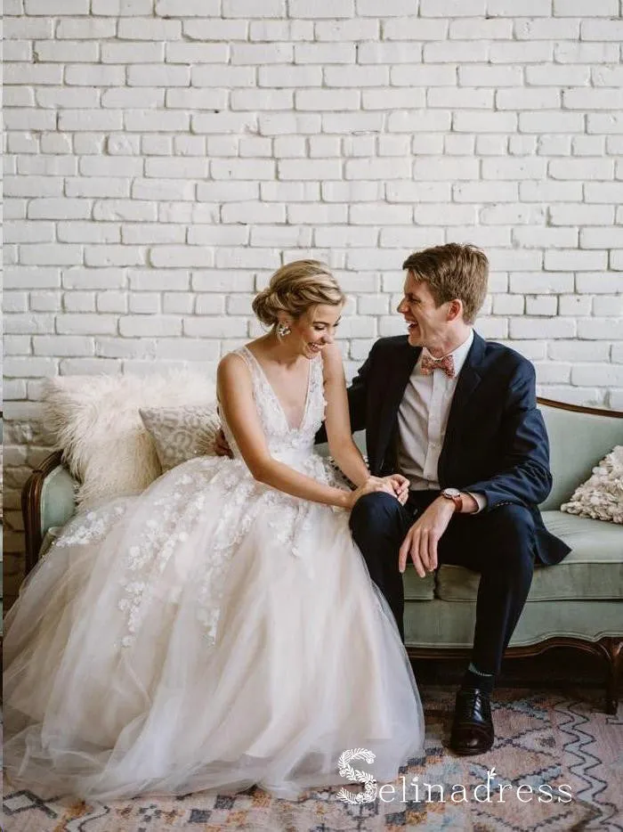 Rustic V neck Wedding Dresses Applique Lace Cheap Bridal Gown SEW023