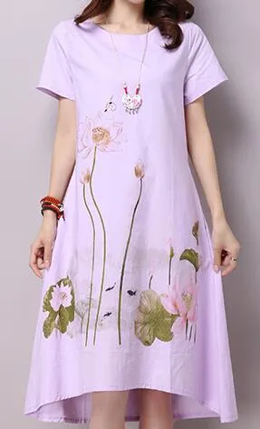 Saiqigui Summer Dress Plus Size Short Sleeve White Women Dress Casual Cotton Linen Dress Lotus Printing O-Neck Vestidos de Festa