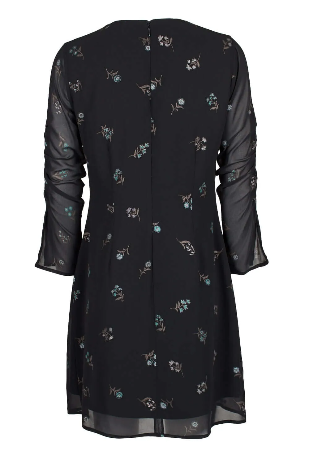 Sam Edelman V-Neck Long Sleeve Ruched Zipper Back Embroidered Chiffon Dress