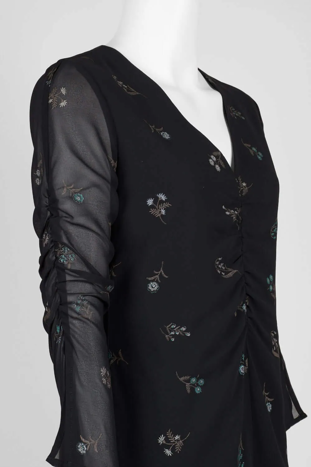 Sam Edelman V-Neck Long Sleeve Ruched Zipper Back Embroidered Chiffon Dress