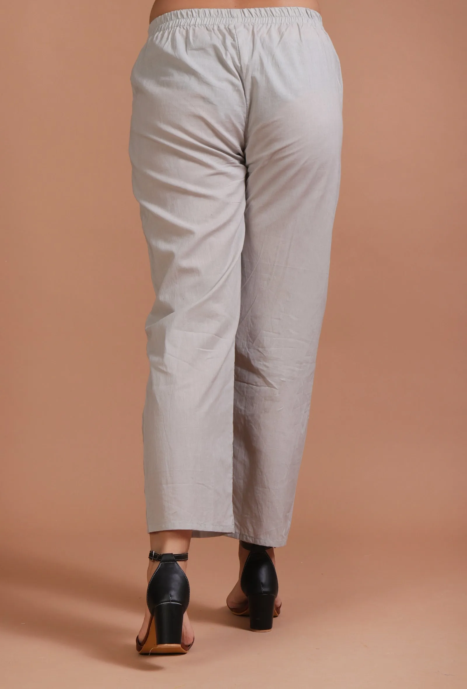 Set Of 2: Light Grey Cotton Solid Plain Kurta & Pant Set