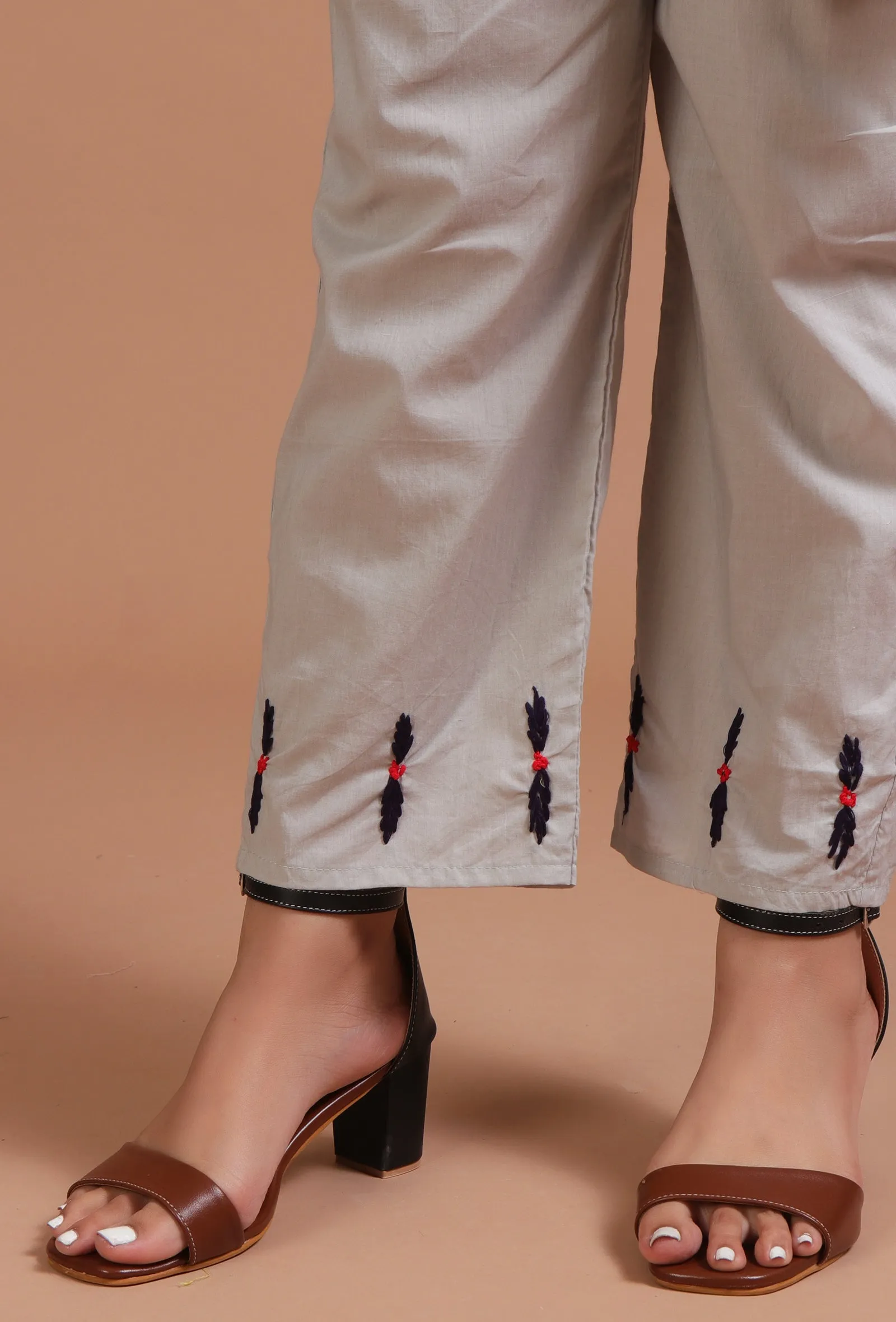 Set Of 2: Light Grey Cotton Solid Plain Kurta & Pant Set