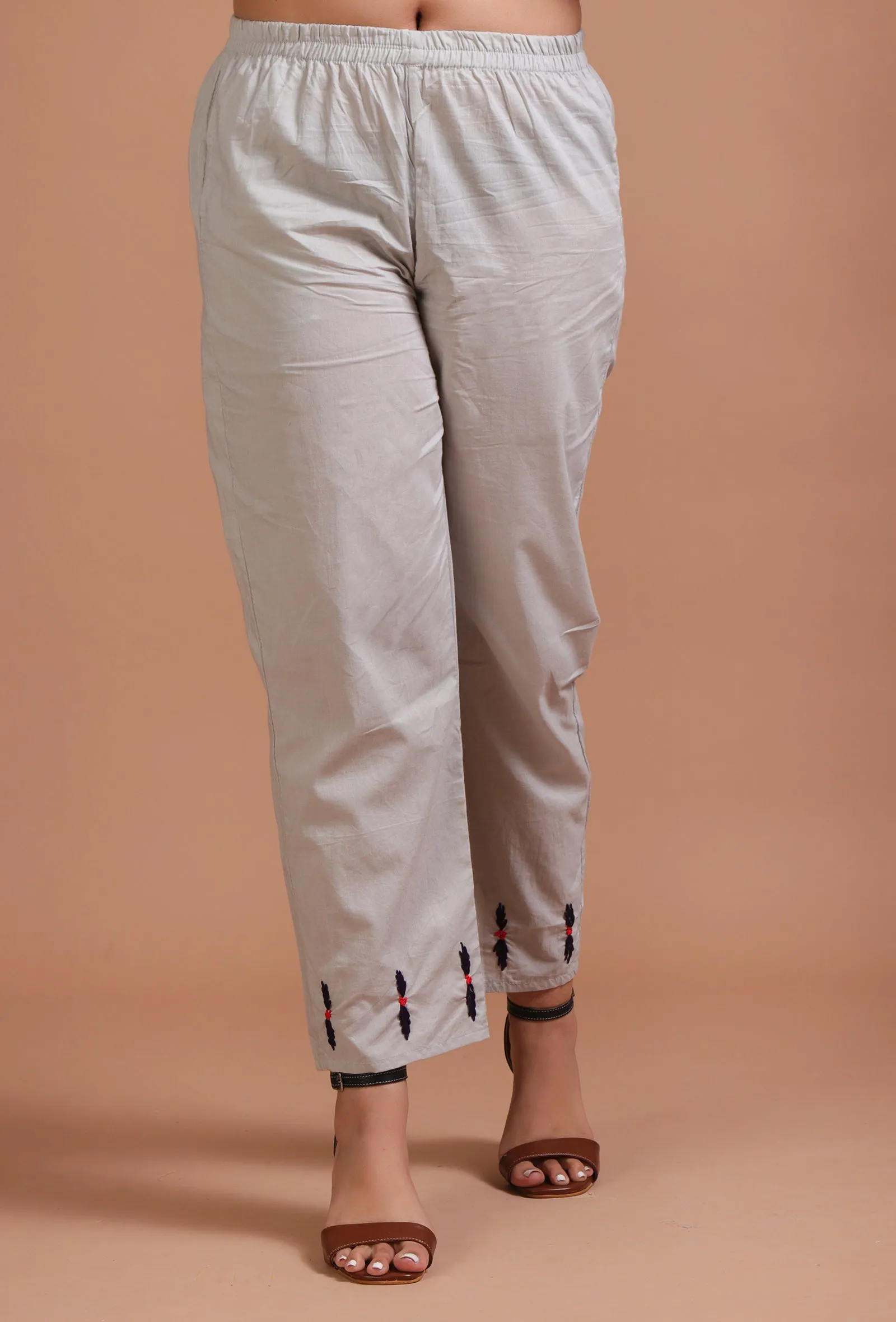 Set Of 2: Light Grey Cotton Solid Plain Kurta & Pant Set