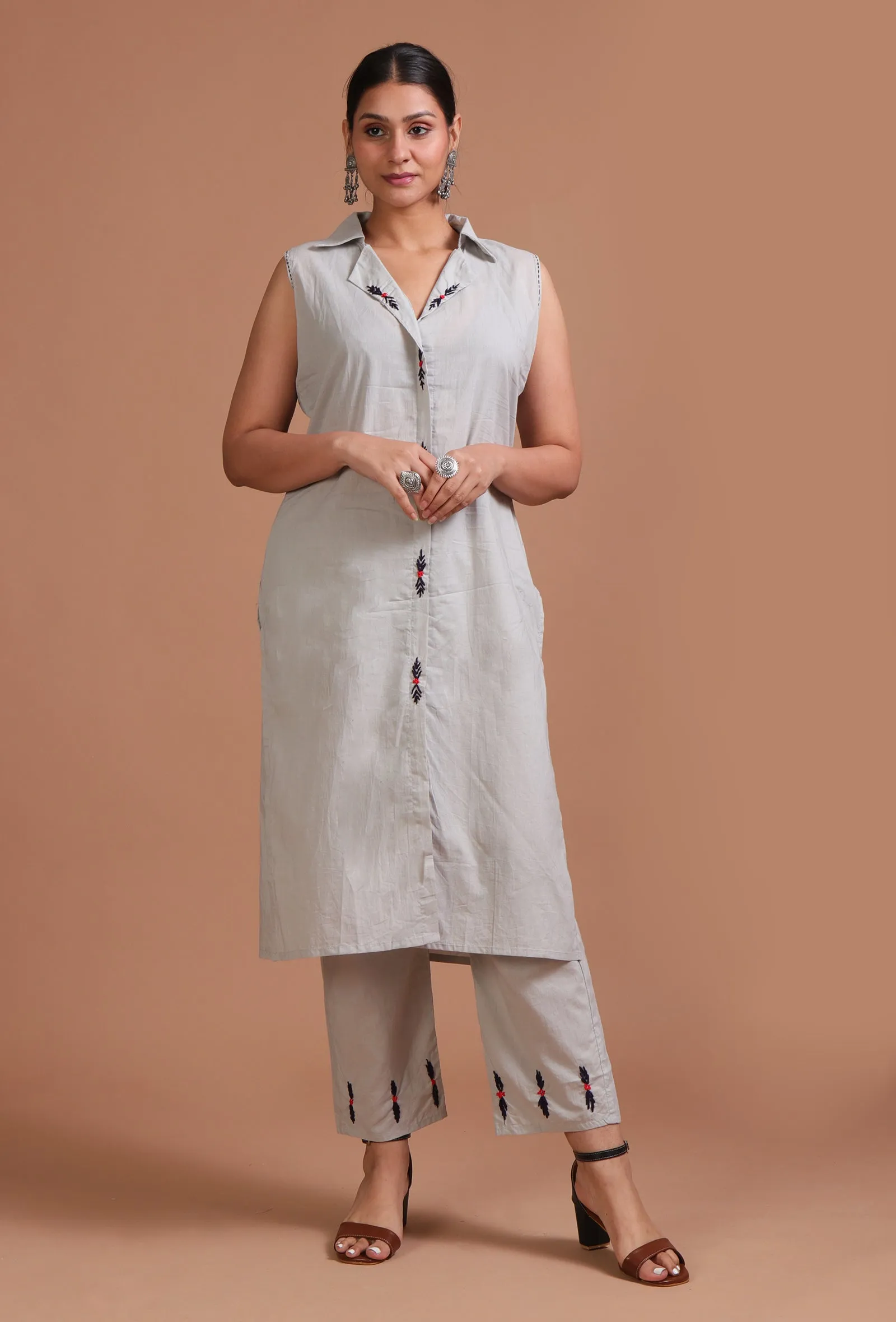 Set Of 2: Light Grey Cotton Solid Plain Kurta & Pant Set