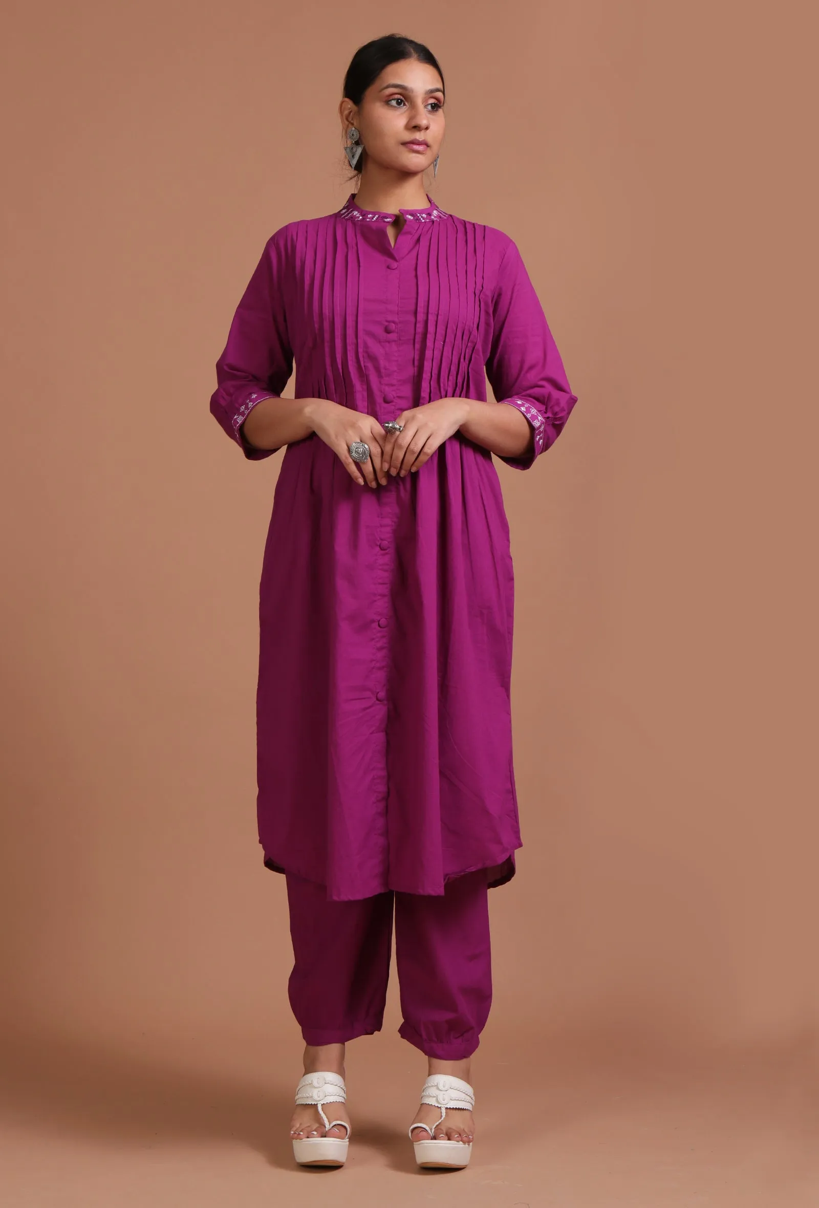 Set Of 2: Pink Cotton Plain Kurta & Pant Set