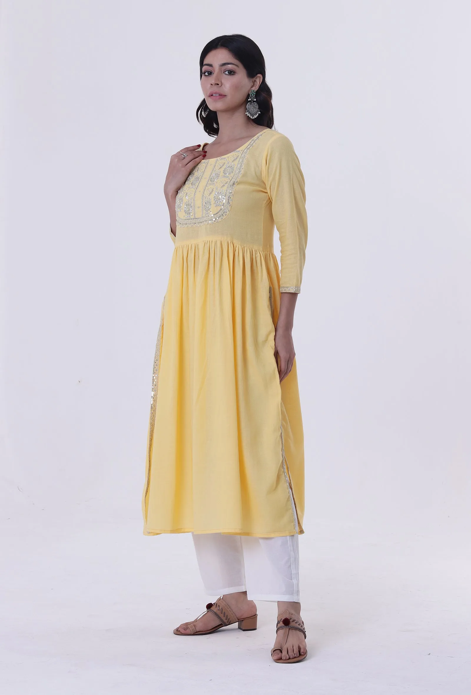 Set Of 2: Yellow & White Cotton Block Printed Kurta & Pant