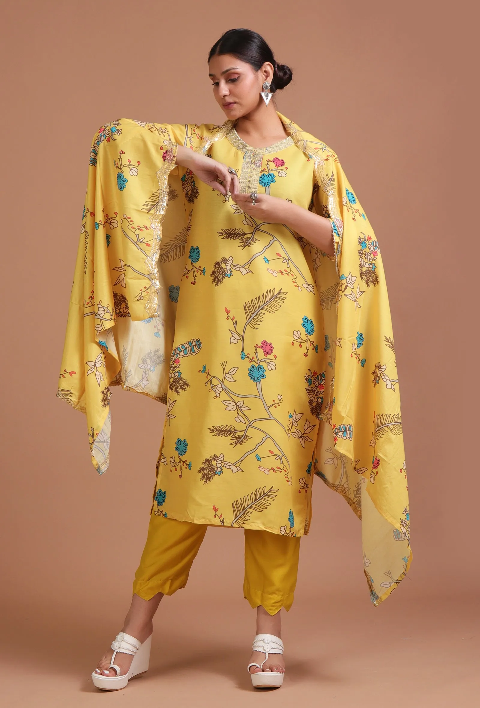 Set Of 3: Yellow Cotton Printed Kurta With Pant & Dupatta