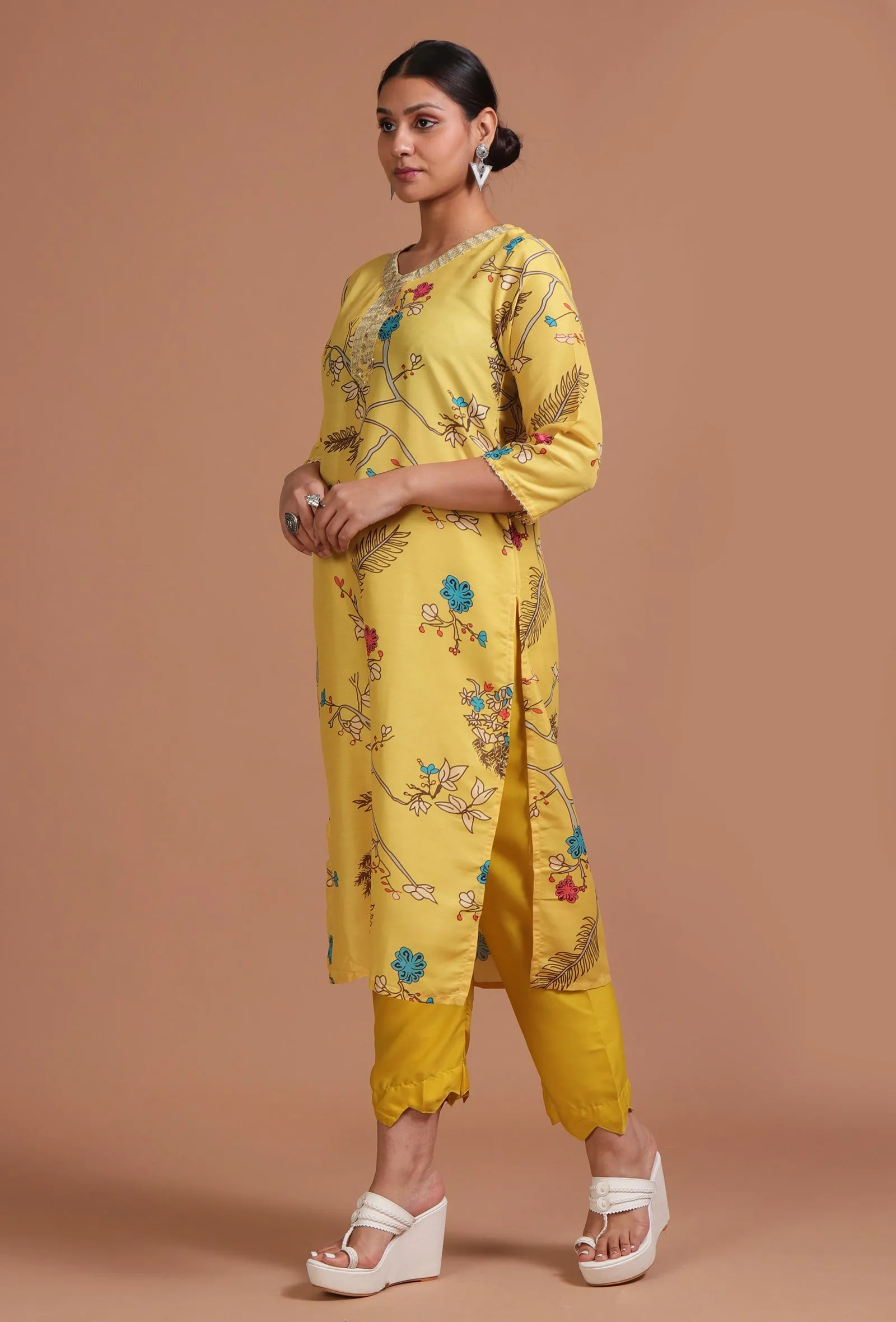 Set Of 3: Yellow Cotton Printed Kurta With Pant & Dupatta
