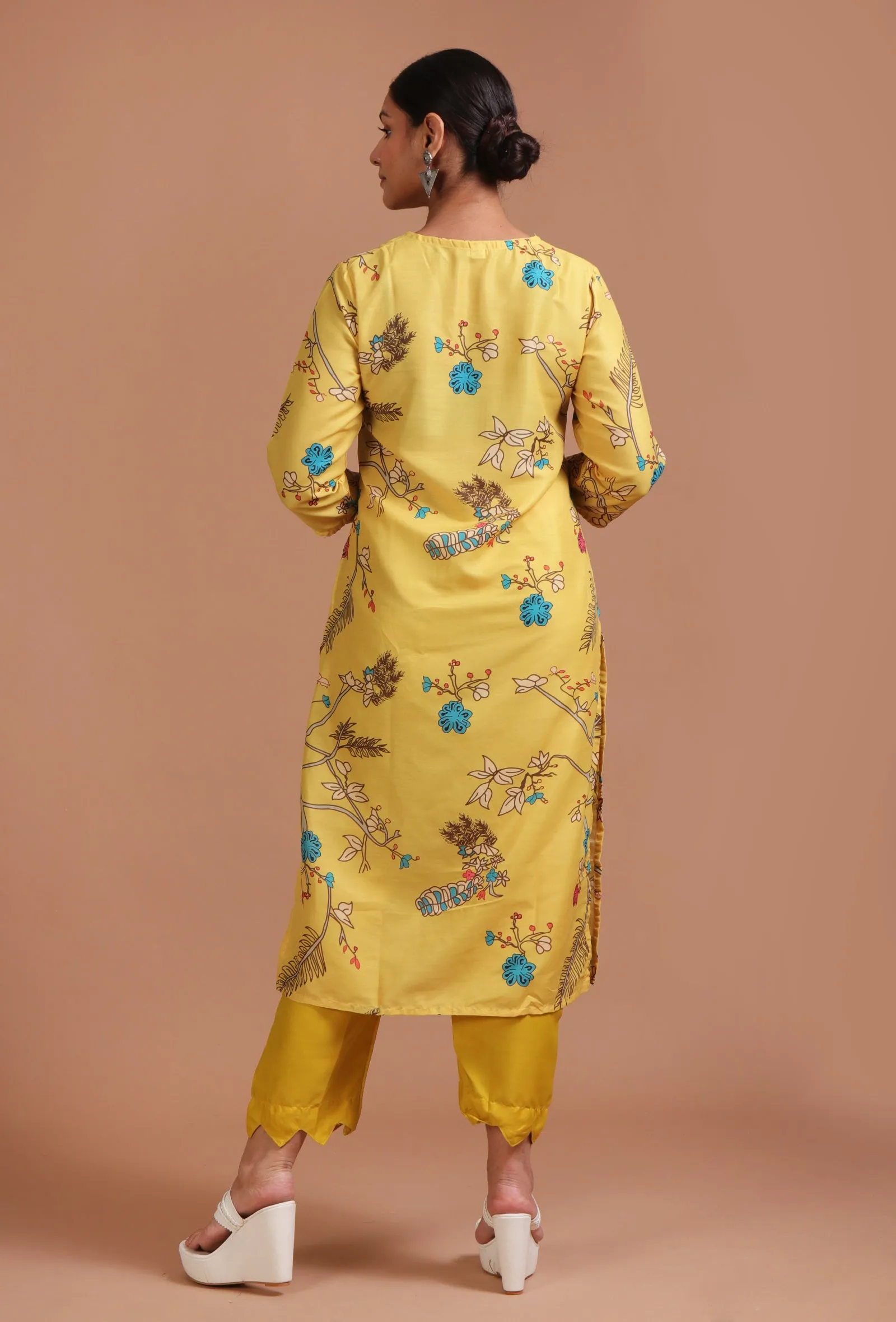 Set Of 3: Yellow Cotton Printed Kurta With Pant & Dupatta