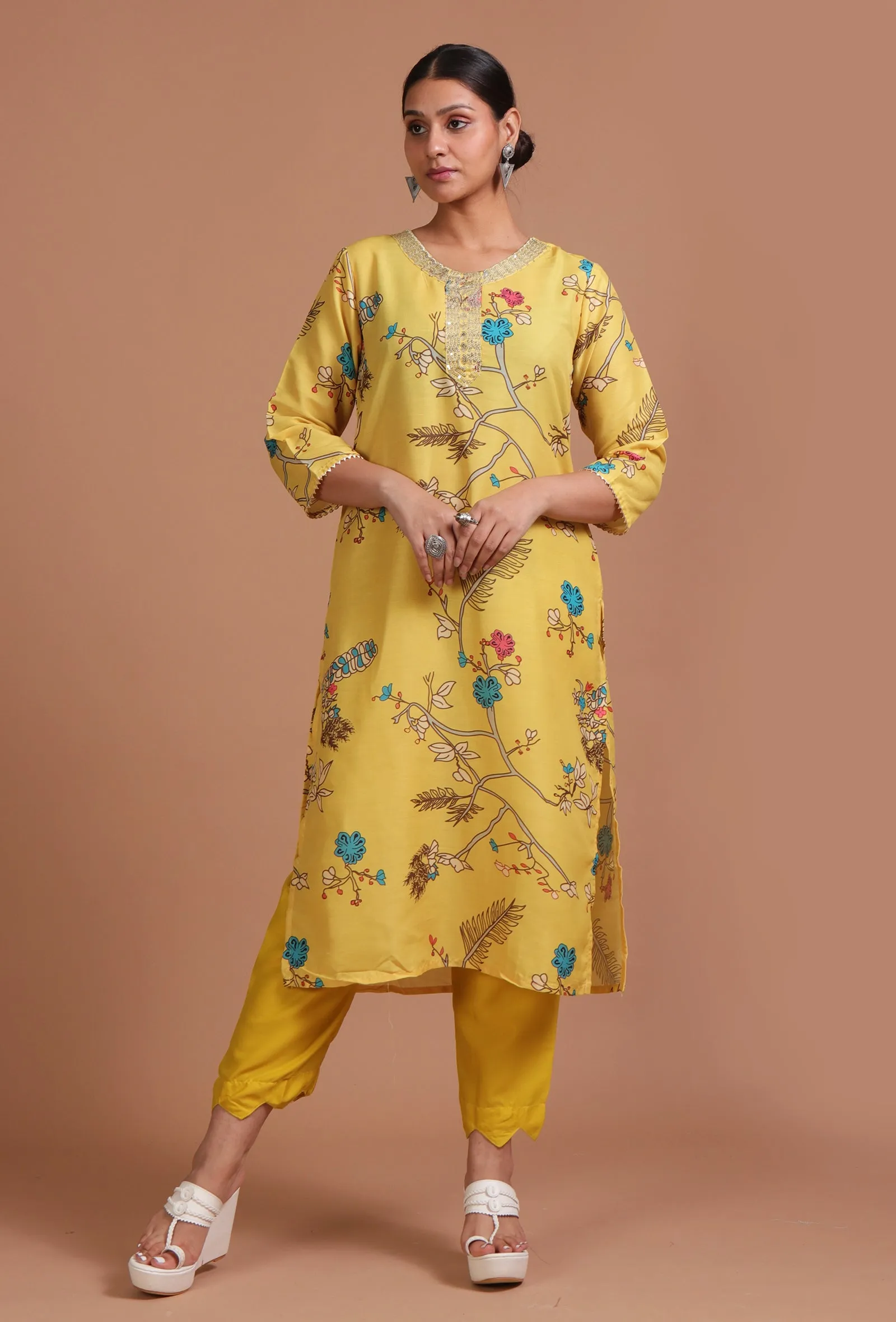 Set Of 3: Yellow Cotton Printed Kurta With Pant & Dupatta