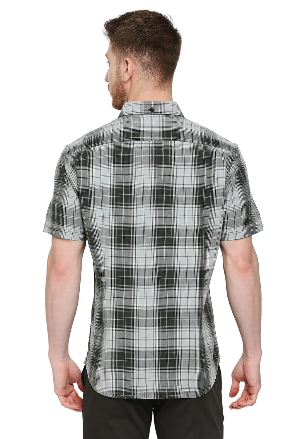 Slim Fit Cotton Herringbone Twill Checks Halfsleeves Shirt