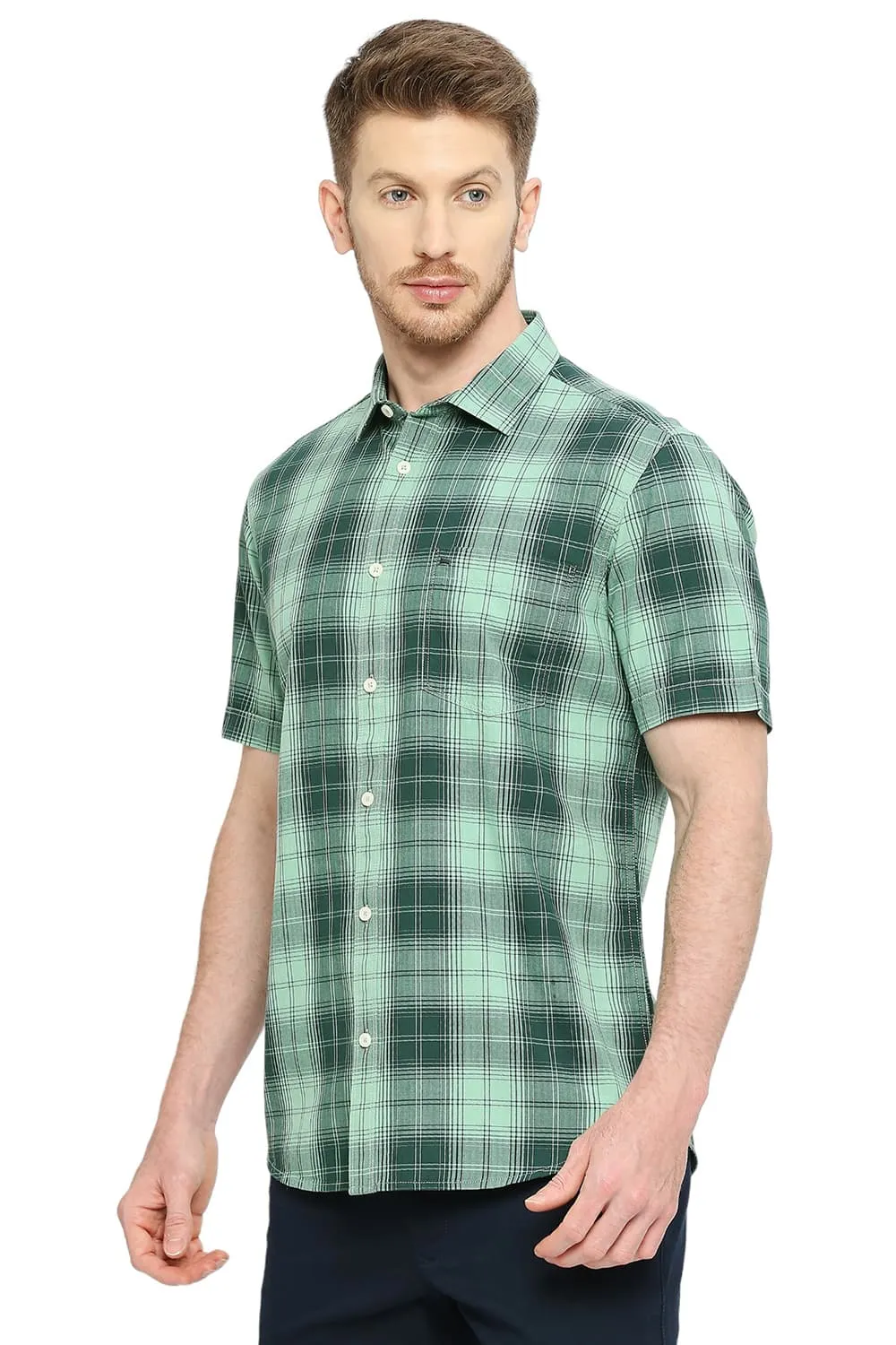 Slim Fit Cotton Herringbone Twill Checks Halfsleeves Shirt