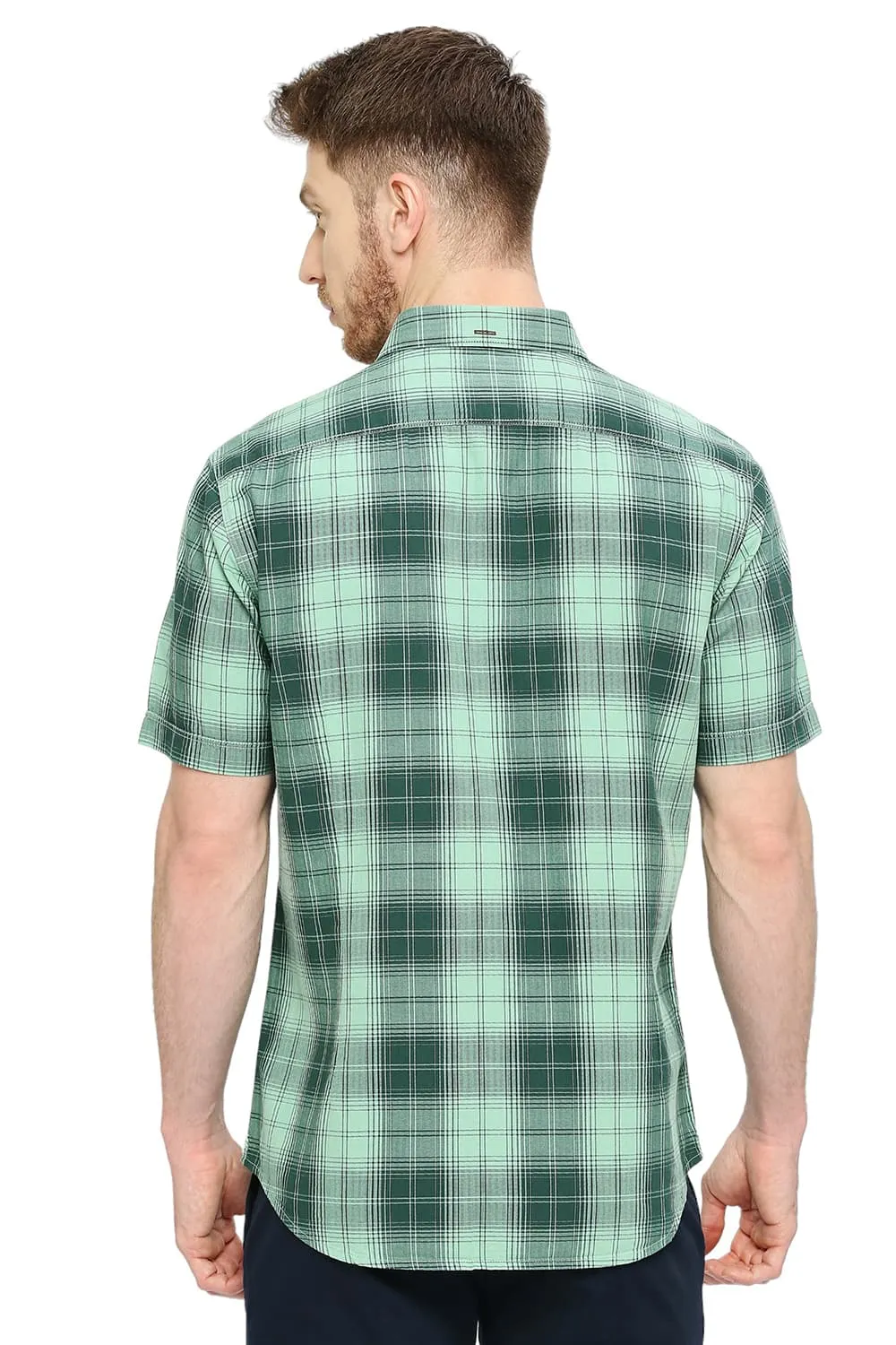 Slim Fit Cotton Herringbone Twill Checks Halfsleeves Shirt