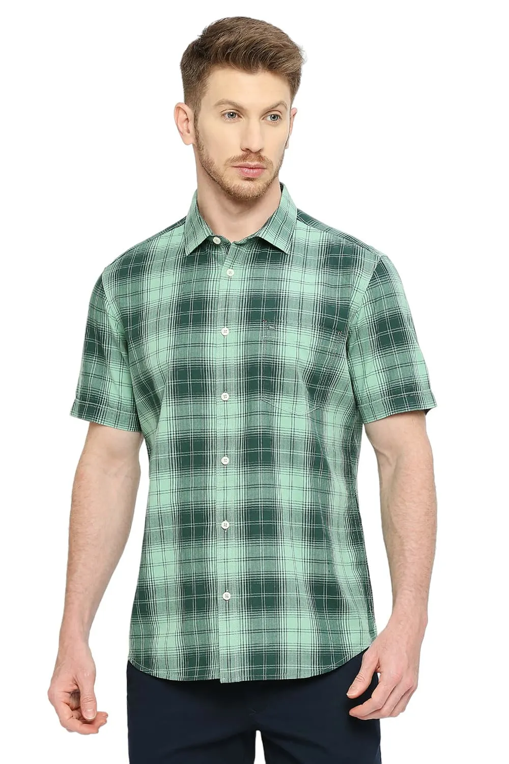 Slim Fit Cotton Herringbone Twill Checks Halfsleeves Shirt