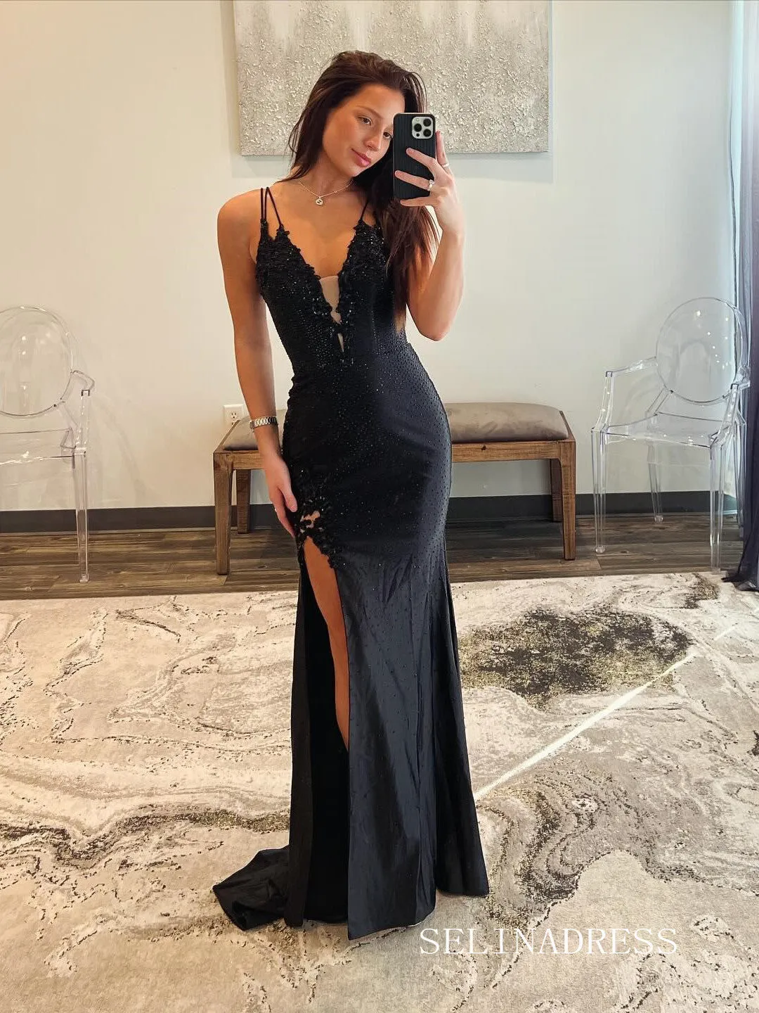 Spaghetti Straps Black Mermaid Beaded Long Prom Dress With Slit lpk924