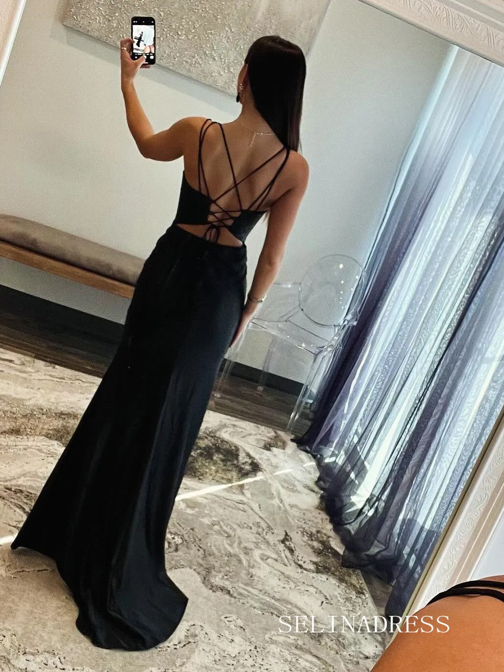Spaghetti Straps Black Mermaid Beaded Long Prom Dress With Slit lpk924