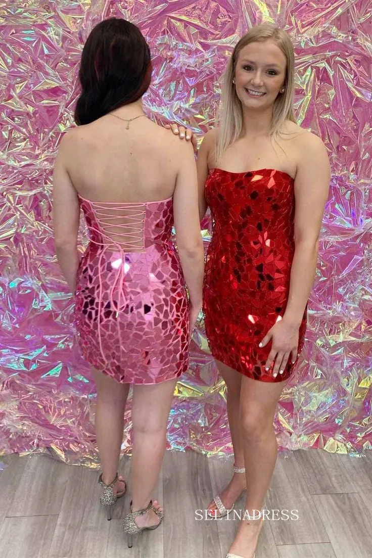 Strapless Sparkly Homecoming Dresses Red Pink Hoco Dress #EWR560