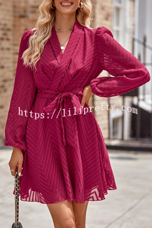 Striped Lace Cutout Belted Long Sleeve Mini Dress