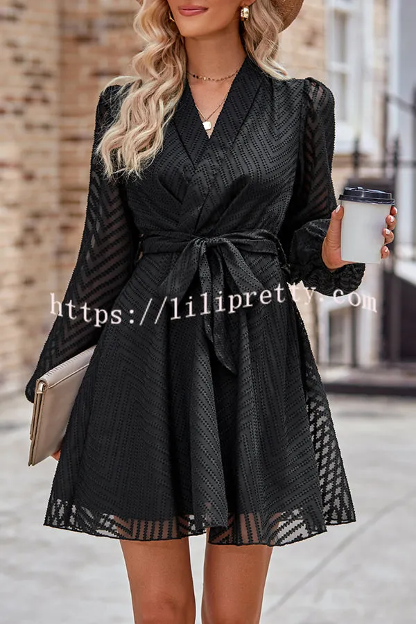 Striped Lace Cutout Belted Long Sleeve Mini Dress
