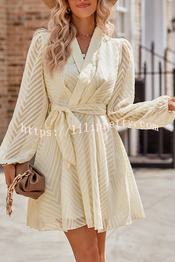 Striped Lace Cutout Belted Long Sleeve Mini Dress