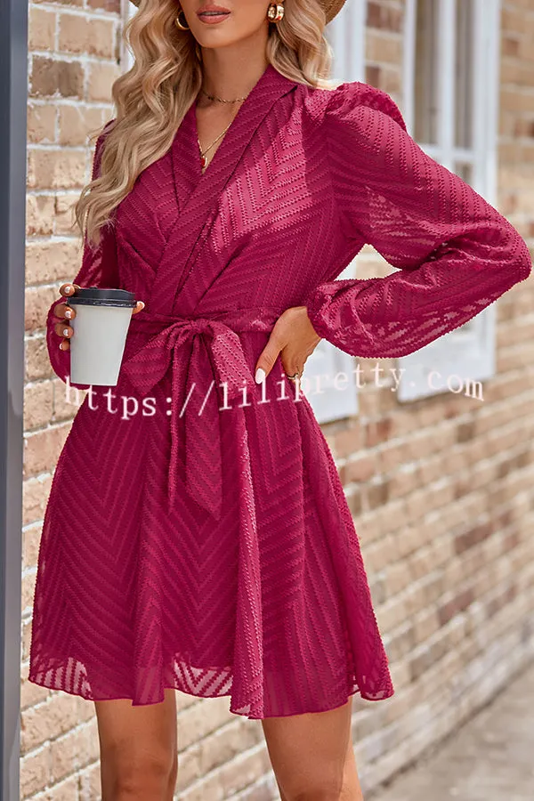 Striped Lace Cutout Belted Long Sleeve Mini Dress