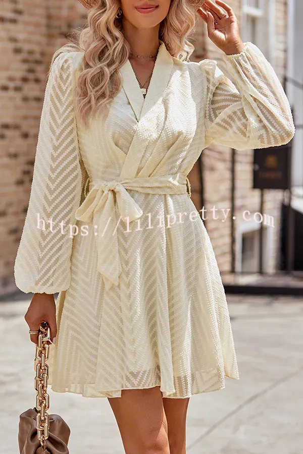 Striped Lace Cutout Belted Long Sleeve Mini Dress