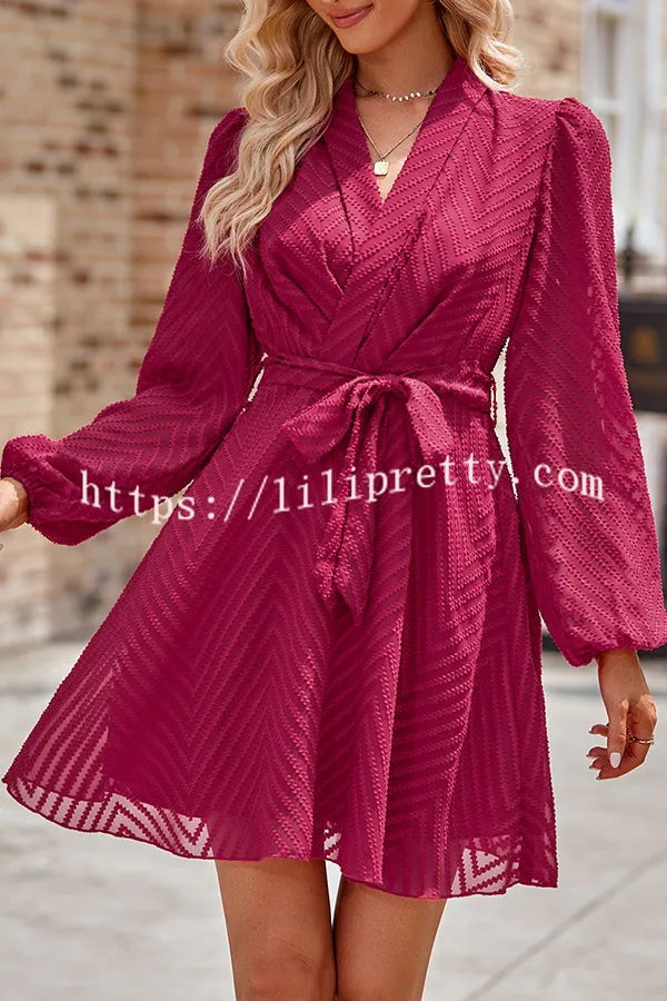 Striped Lace Cutout Belted Long Sleeve Mini Dress