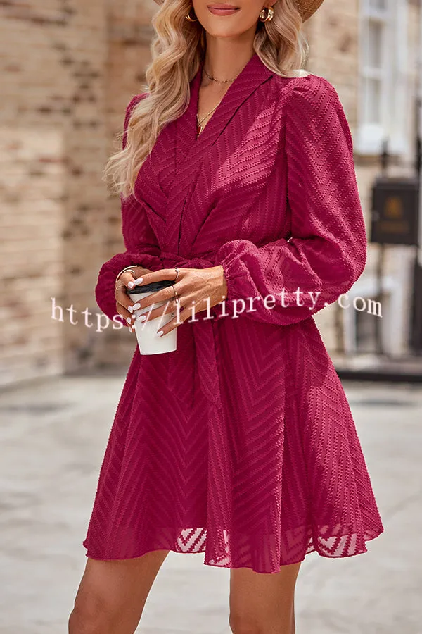 Striped Lace Cutout Belted Long Sleeve Mini Dress