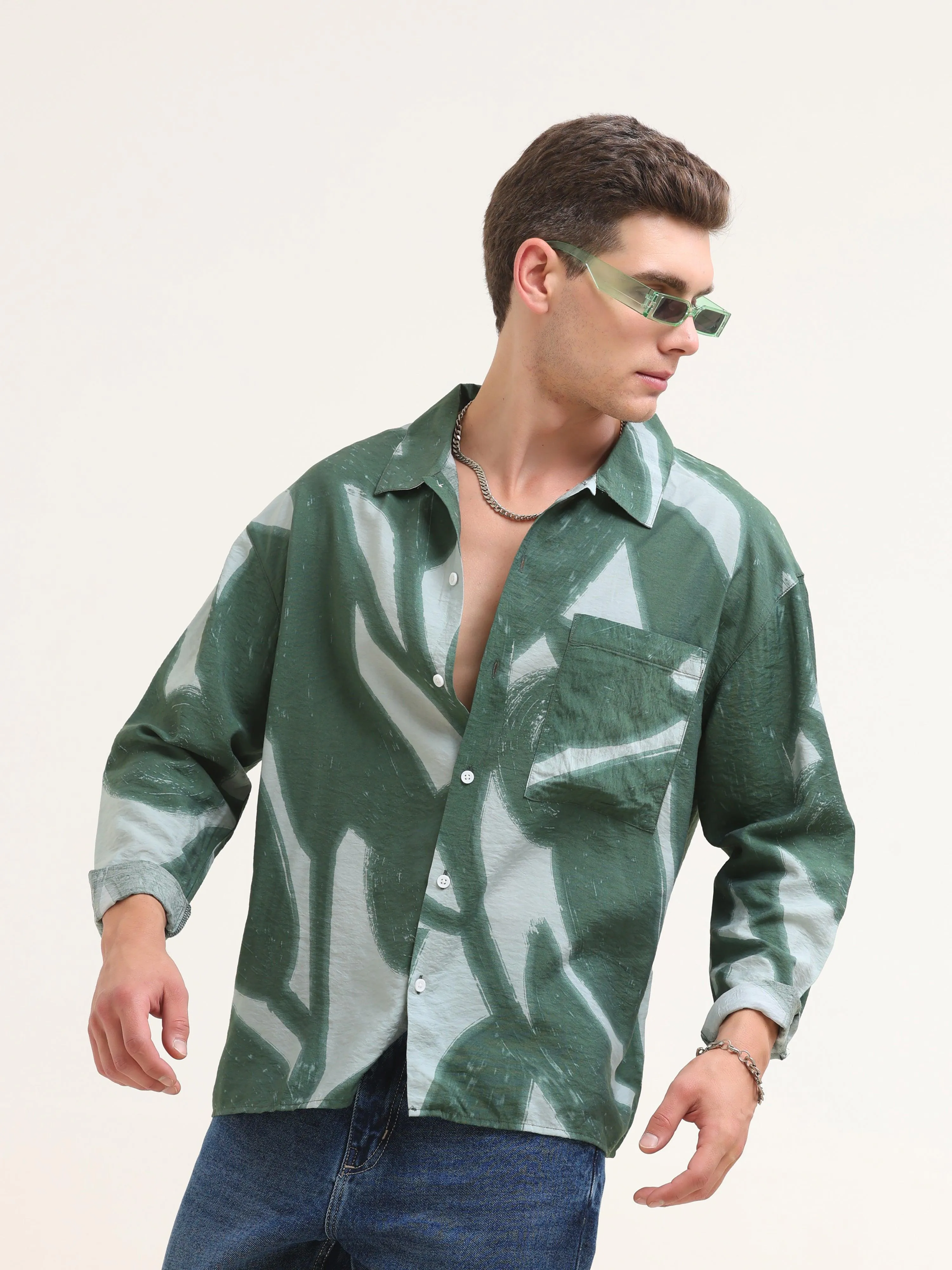 Tam Baggy Abstract Printed Shirt-Green