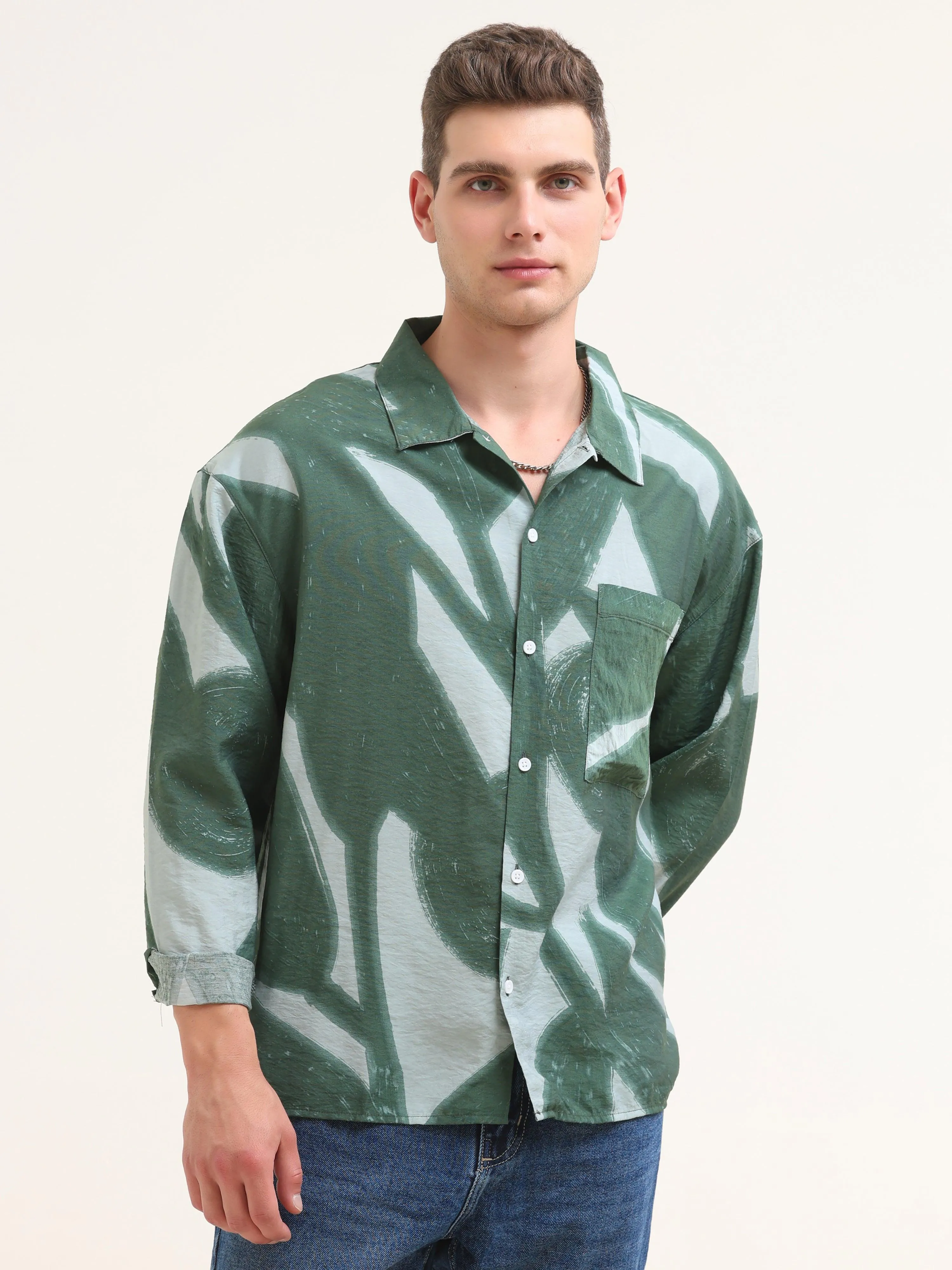 Tam Baggy Abstract Printed Shirt-Green