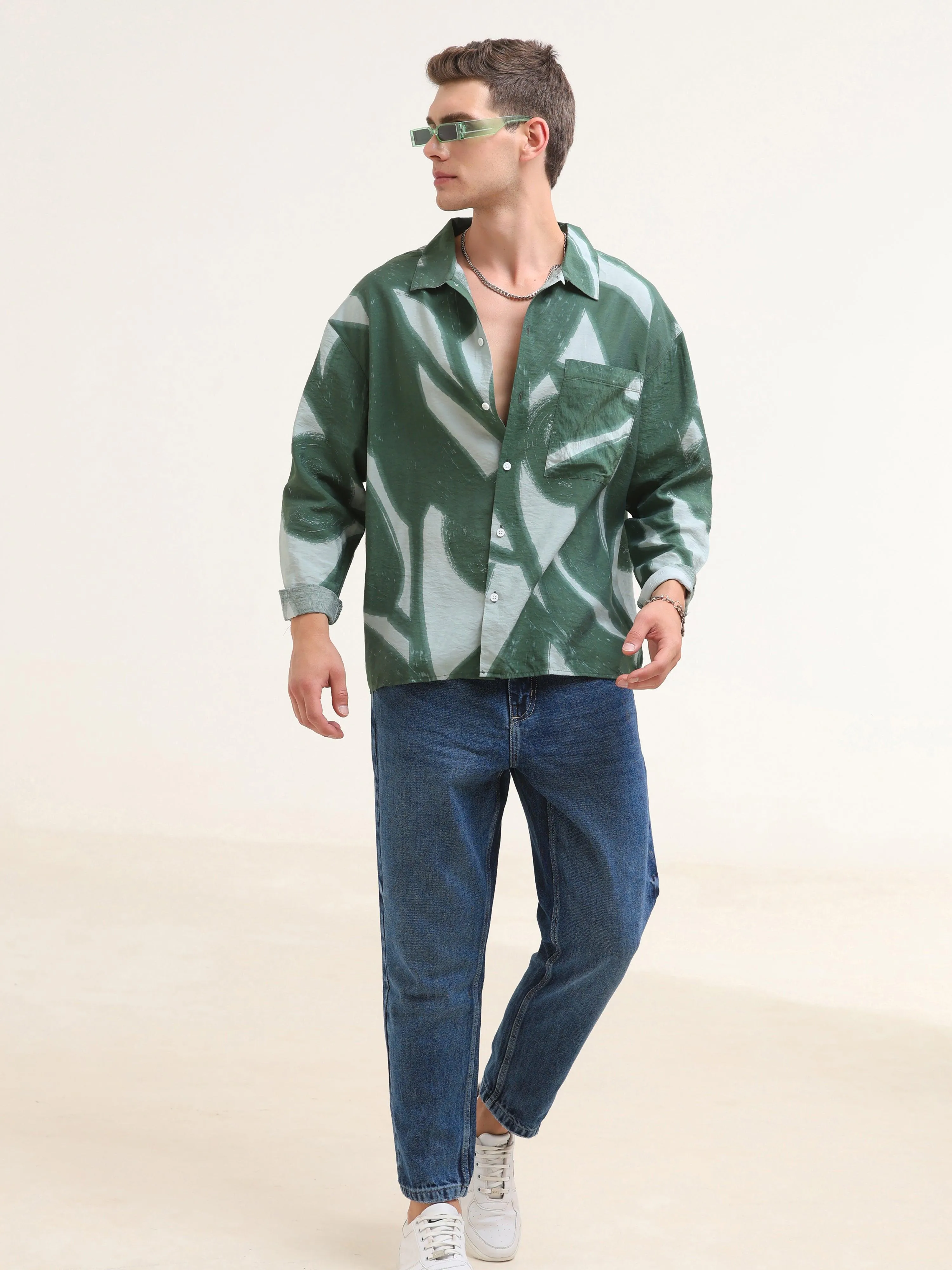 Tam Baggy Abstract Printed Shirt-Green