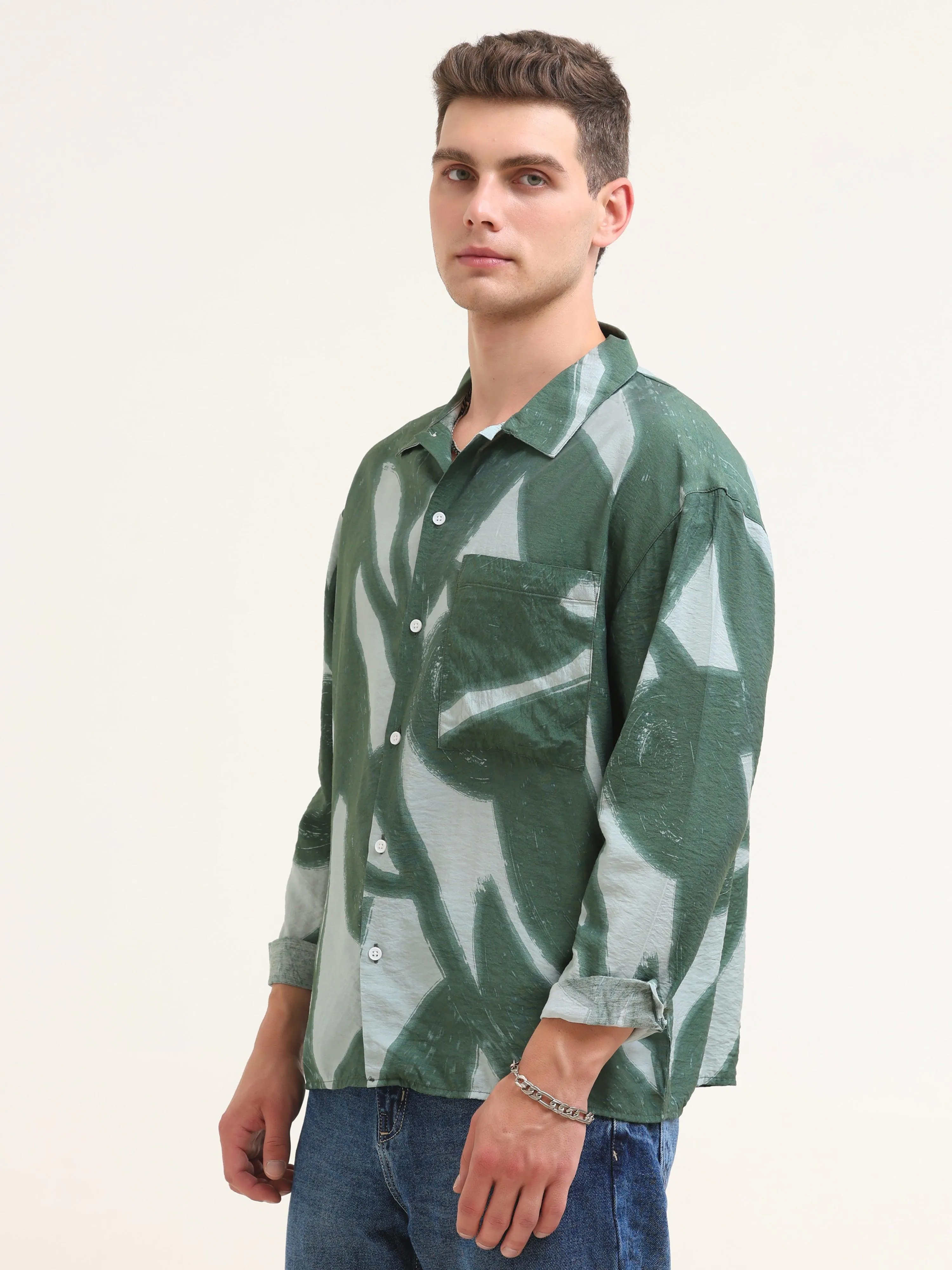 Tam Baggy Abstract Printed Shirt-Green