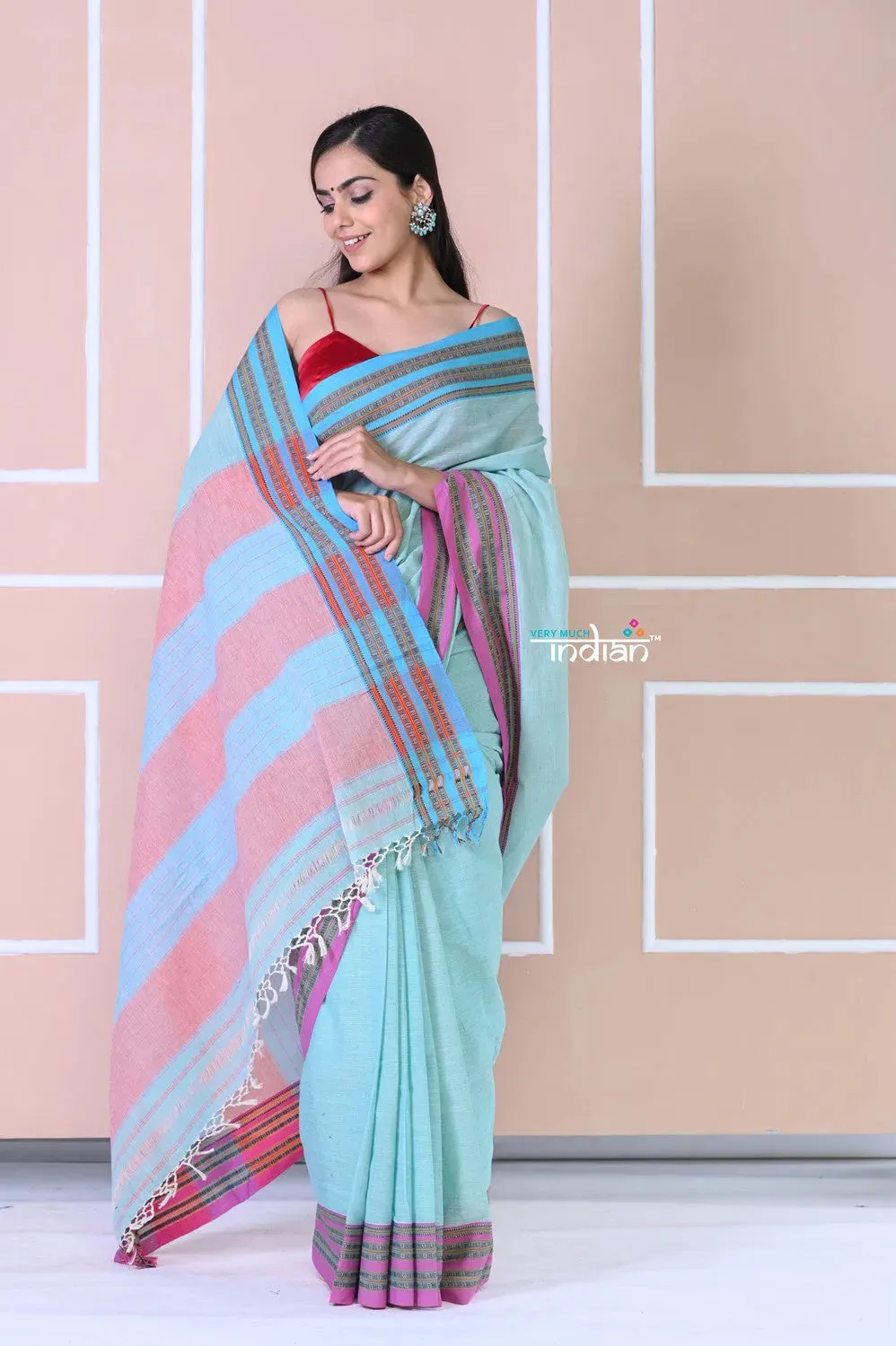 Traditional Patteda Anchu Ilkal Handloom Saree~ Maya Blue