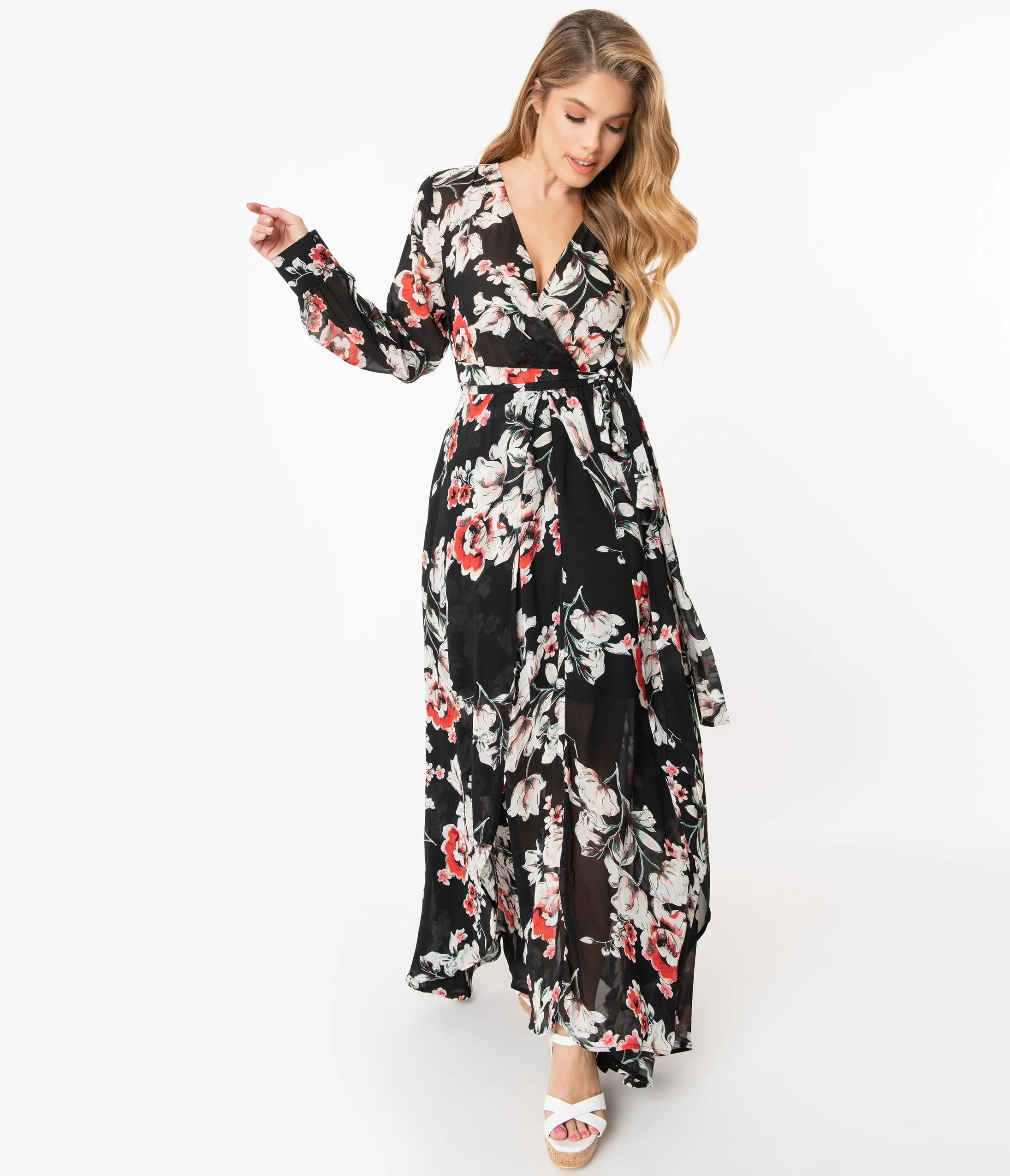 Unique Vintage Black Floral Farrah Maxi Dress