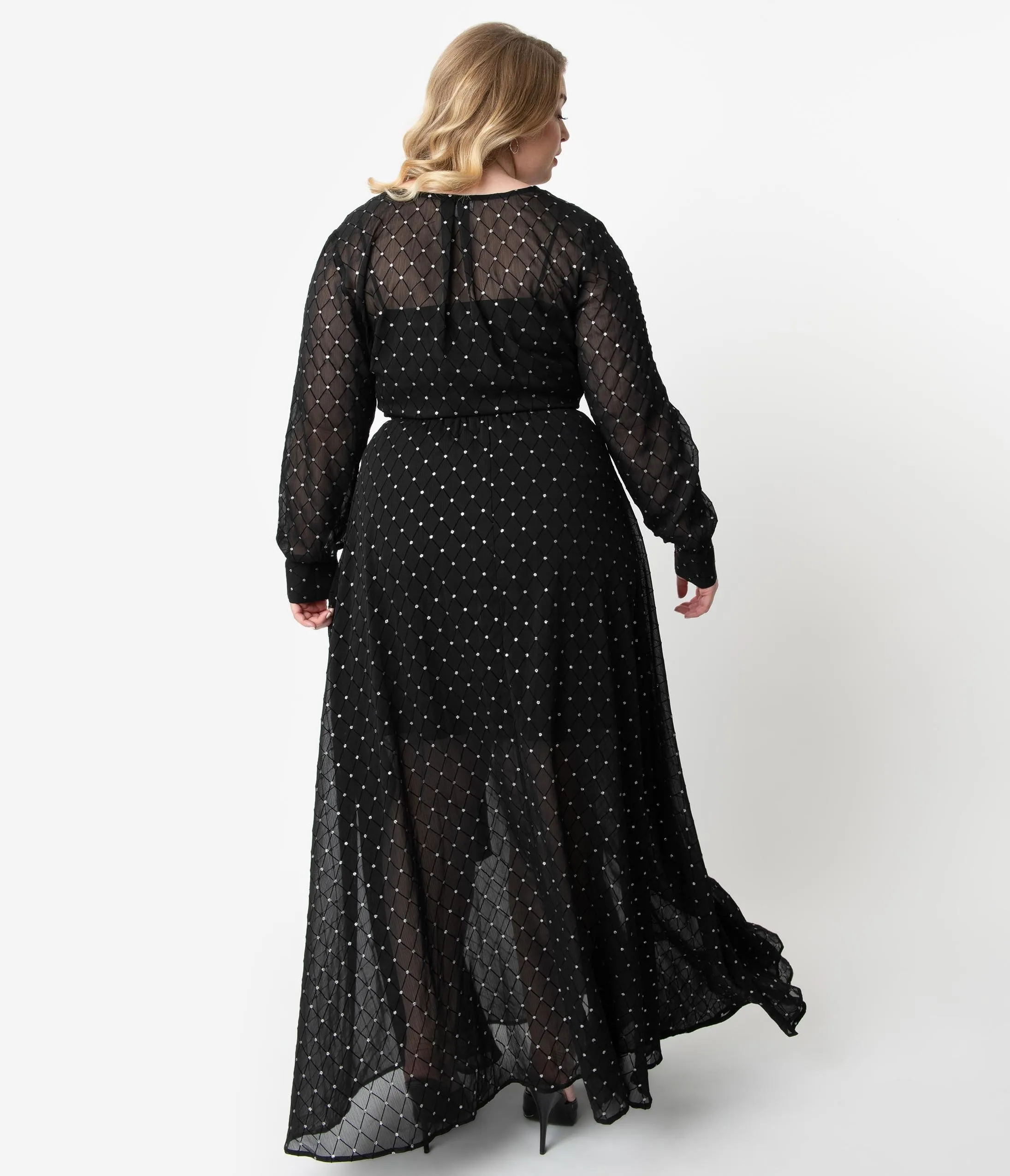 Unique Vintage Plus Size Black & Silver Long Sleeve Farrah Maxi Dress
