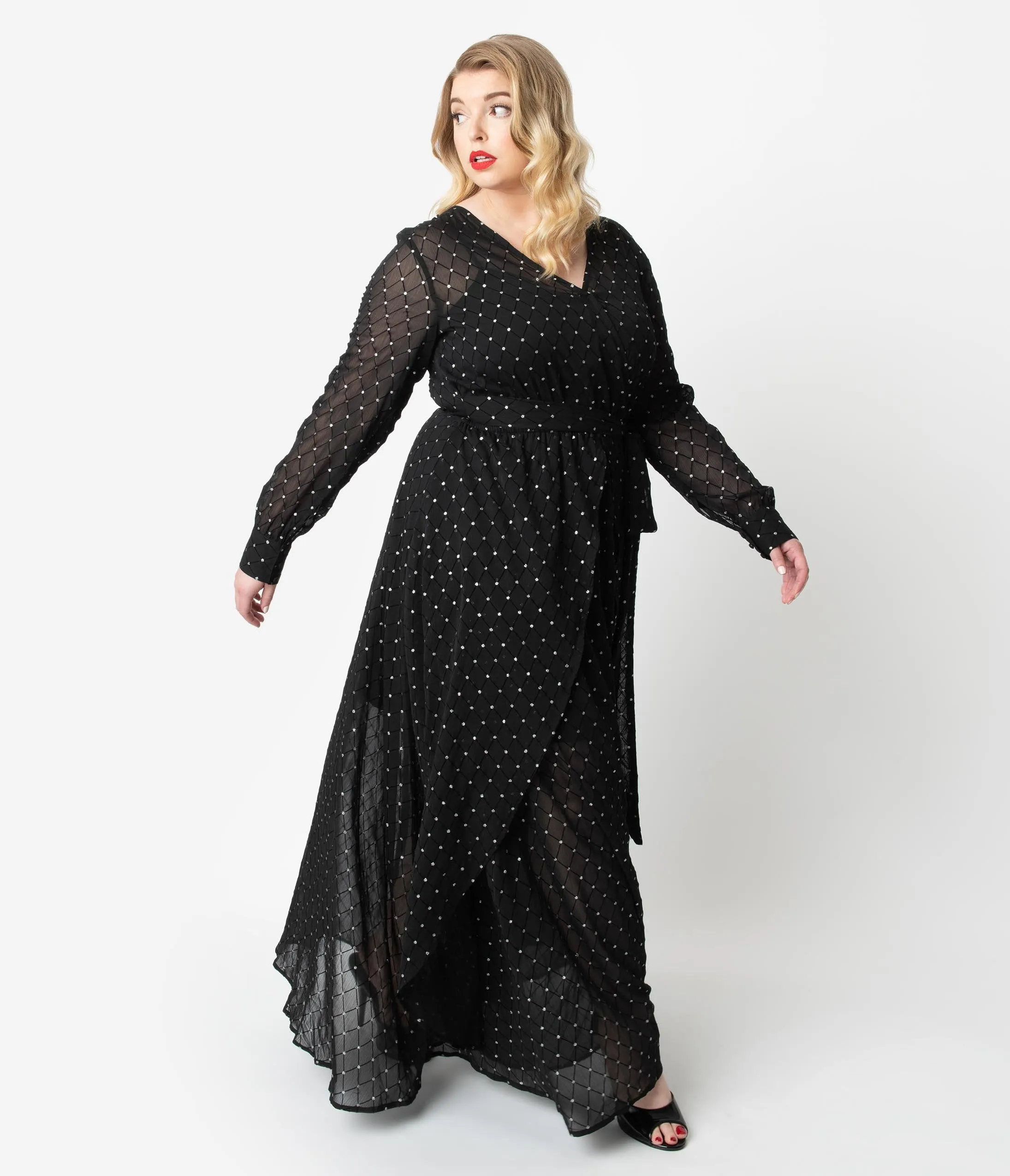 Unique Vintage Plus Size Black & Silver Long Sleeve Farrah Maxi Dress