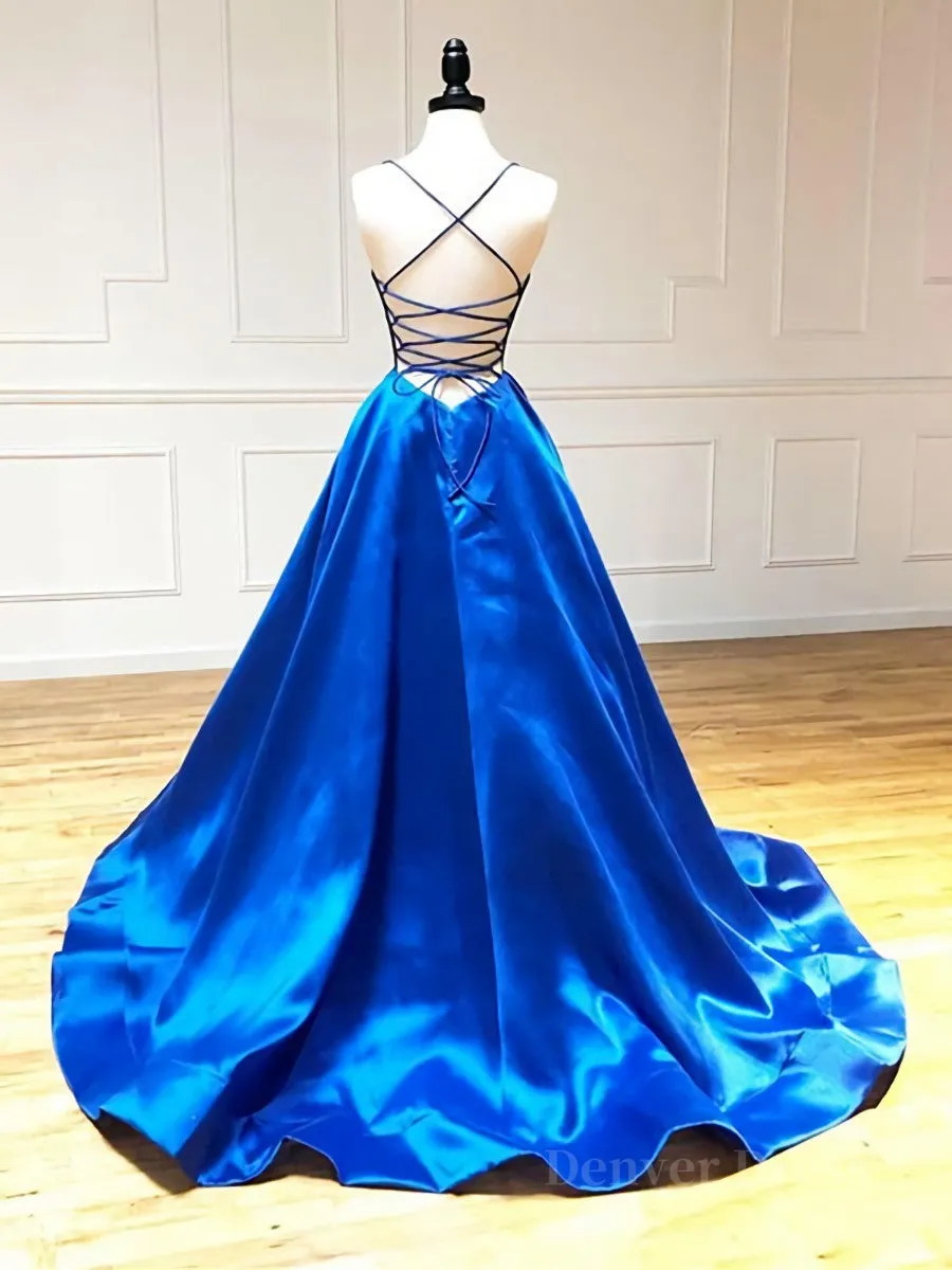 V Neck Royal Blue Backless Prom Dresses Royal Blue Backless Formal Graduation Evening Dresses