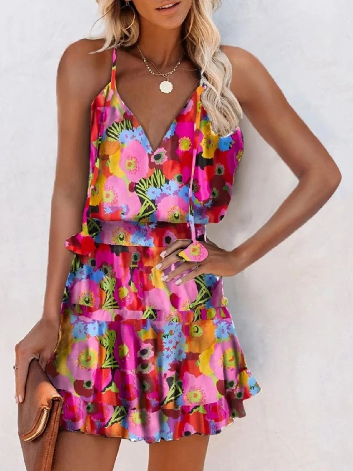 V-Neck Sleeveless Floral Print Suspender Dress