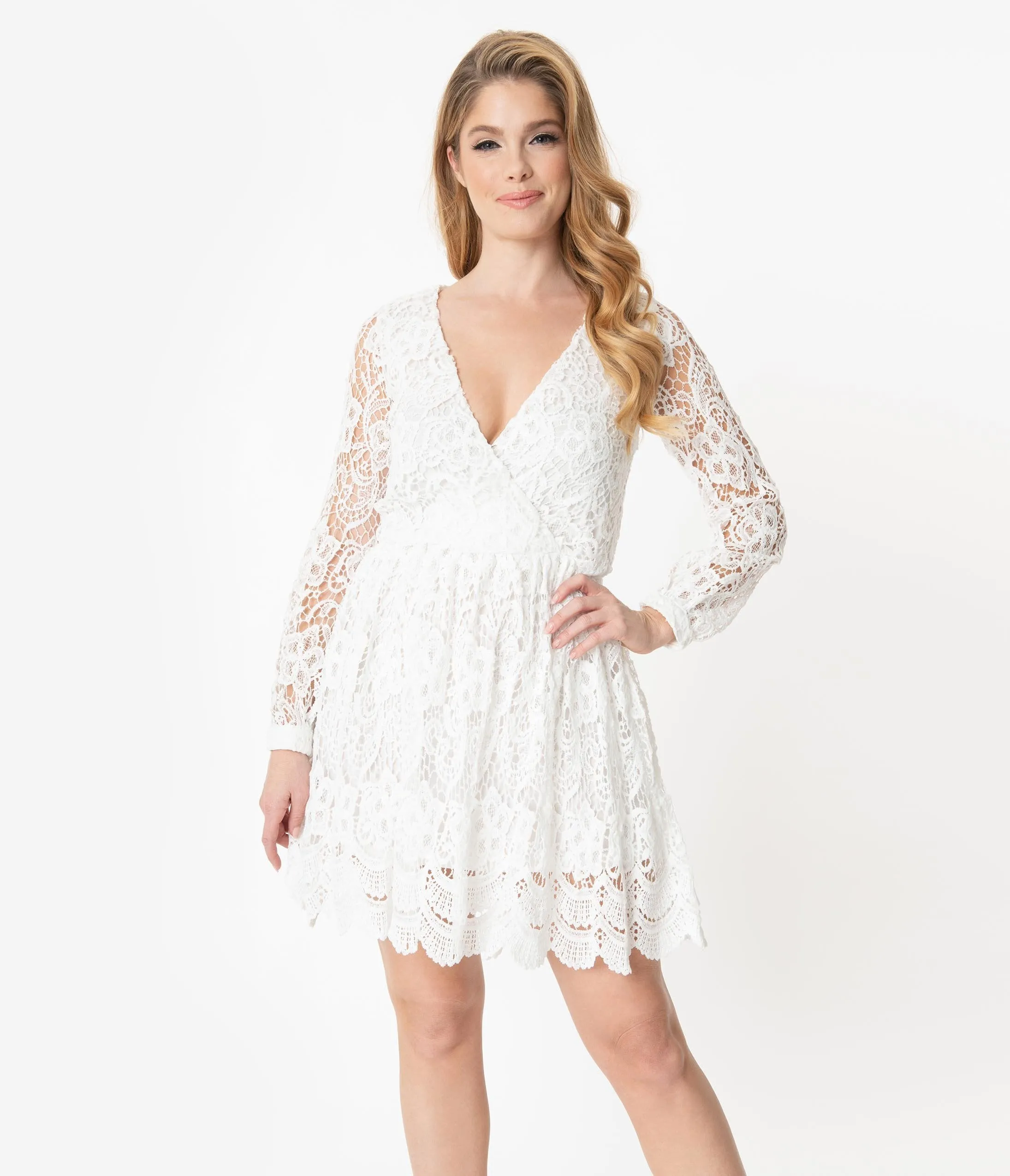 White Crocheted Long Sleeve Dress