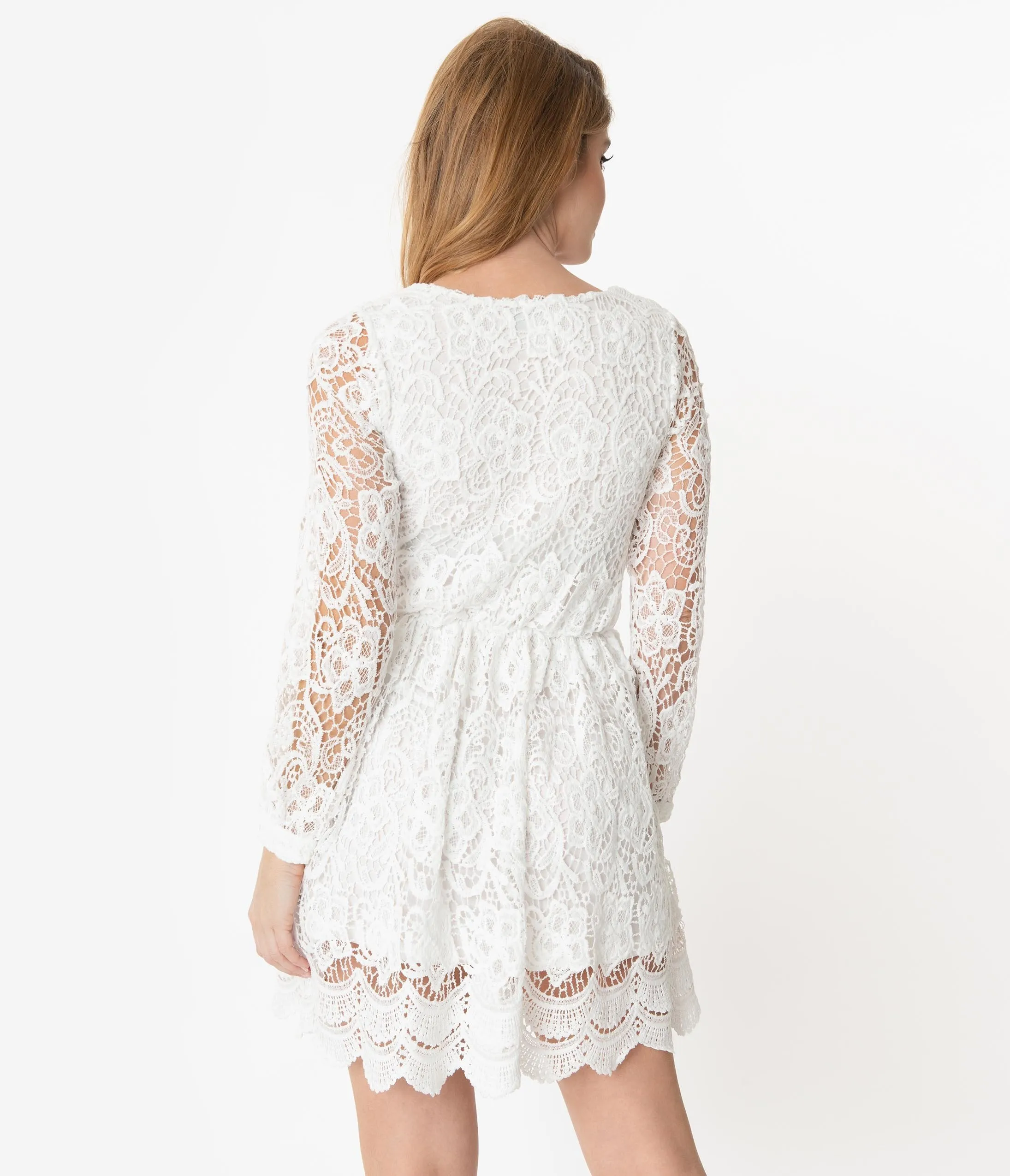 White Crocheted Long Sleeve Dress