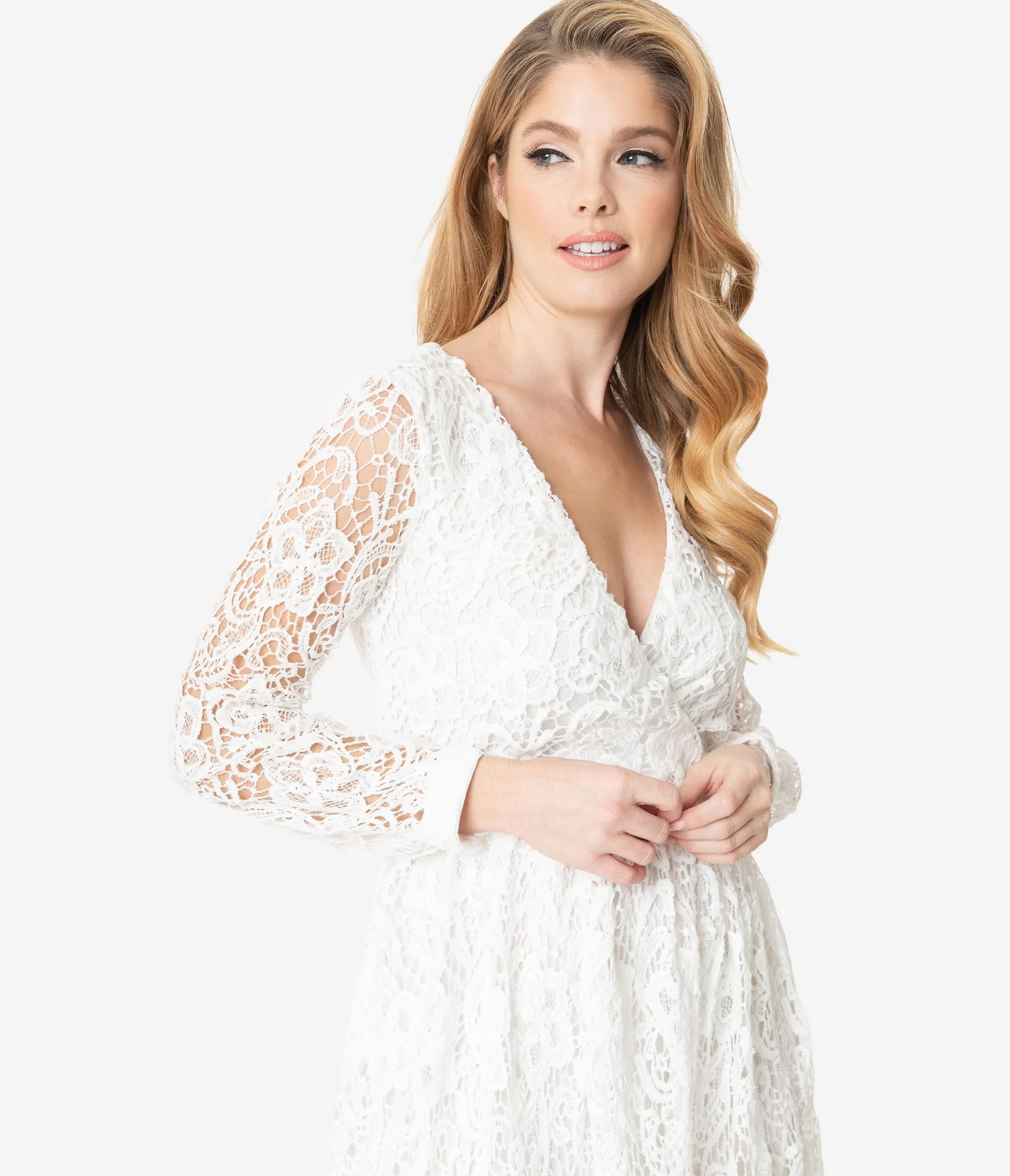 White Crocheted Long Sleeve Dress