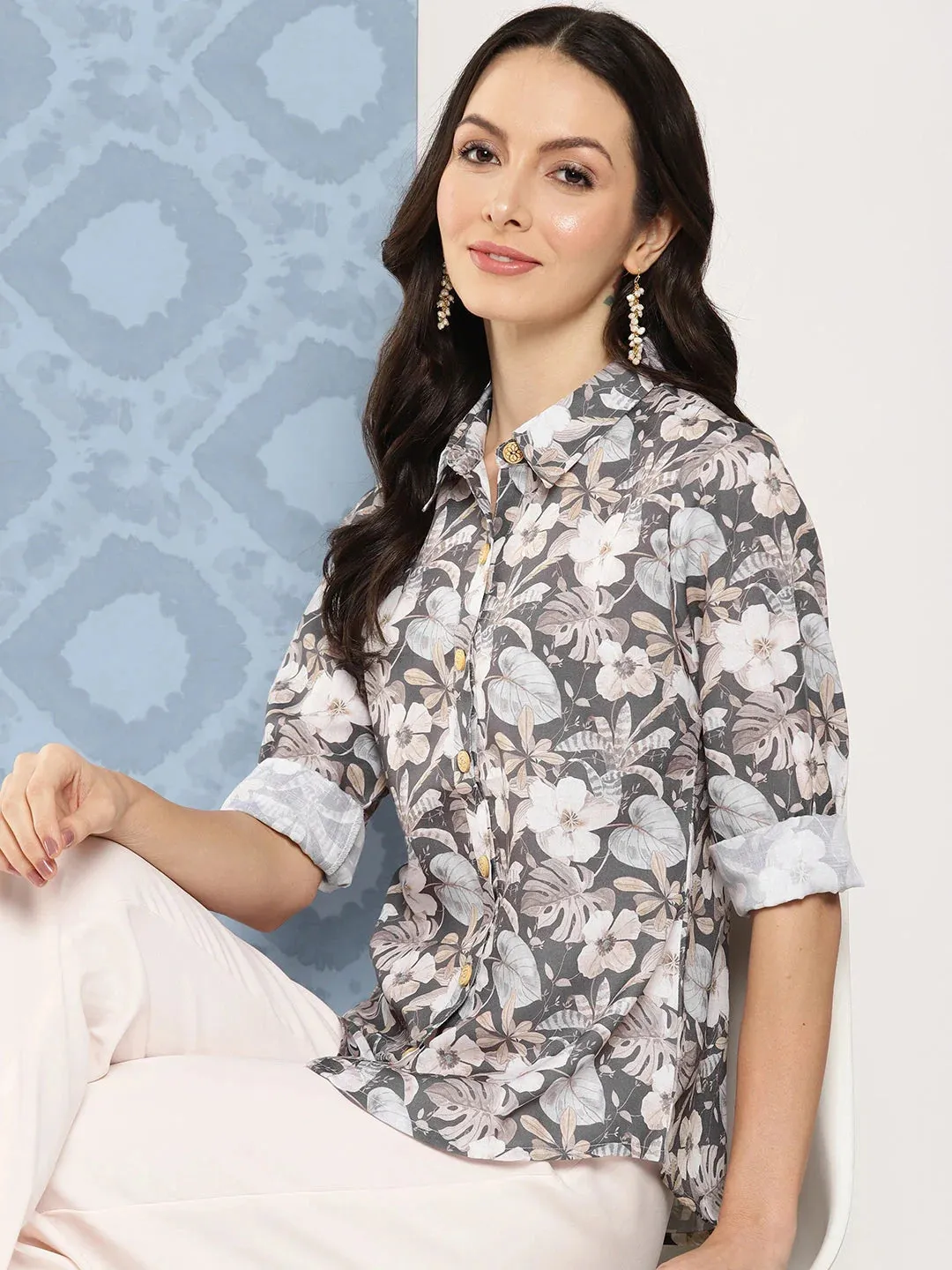 Women Grey Floral Opaque Printed Casual Shirt