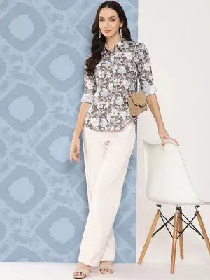 Women Grey Floral Opaque Printed Casual Shirt