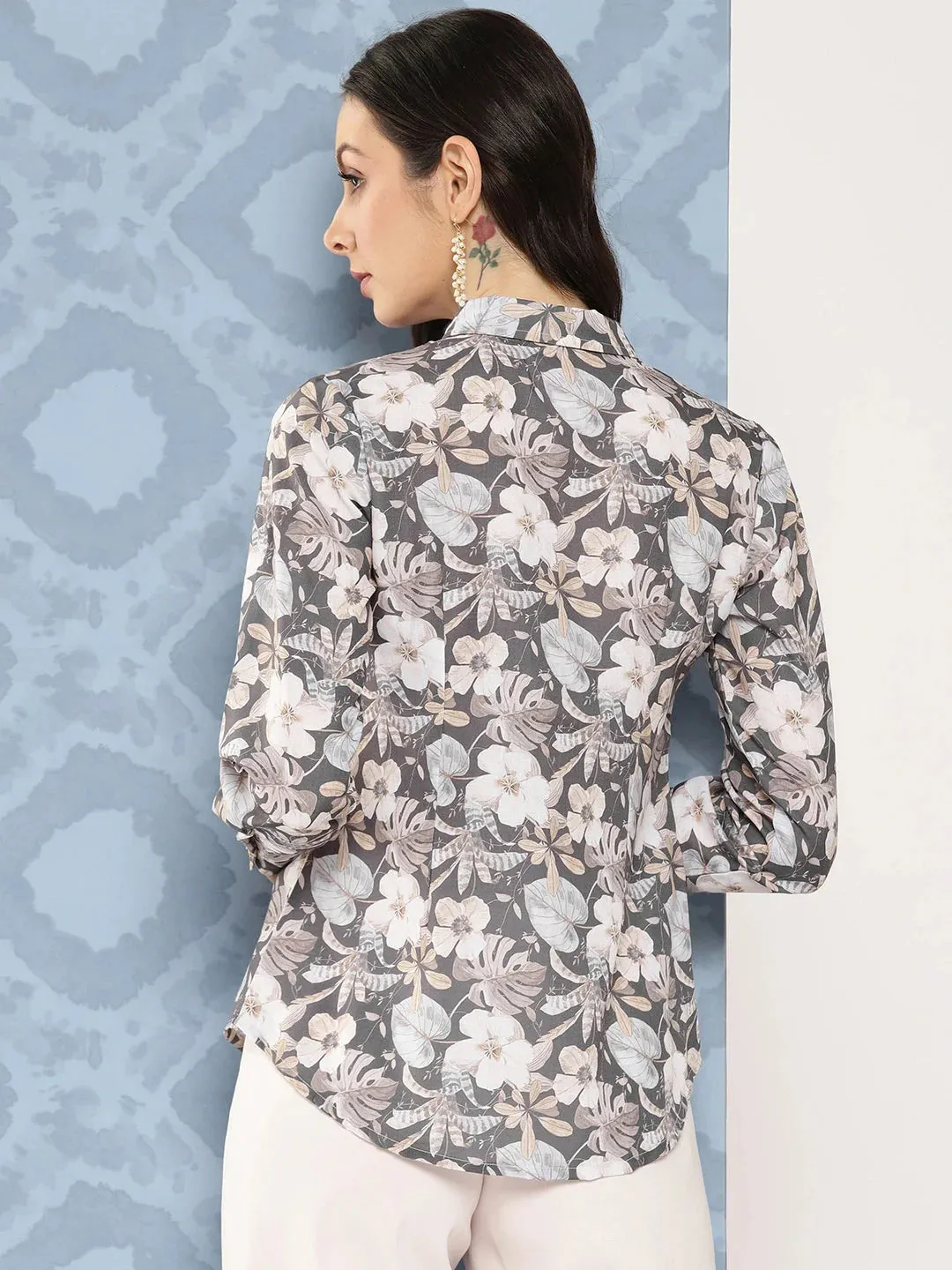 Women Grey Floral Opaque Printed Casual Shirt
