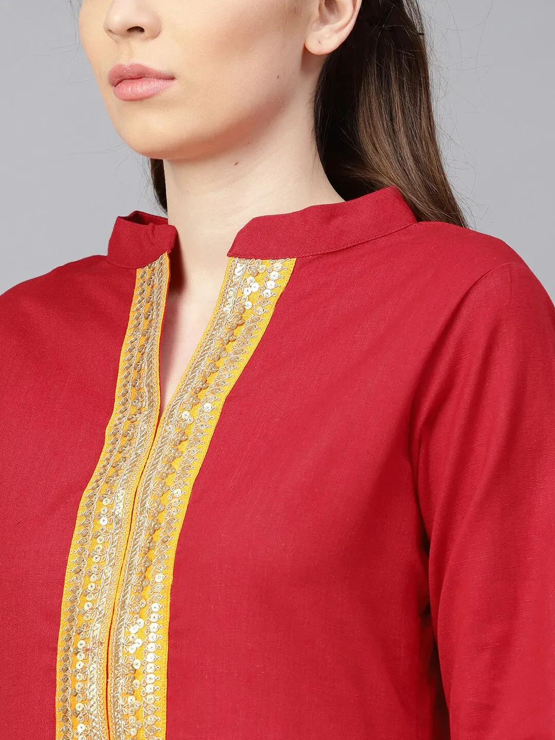 Women'S Red & Mustard Yellow Yoke Design Kurta With Palazzos & Dupatta