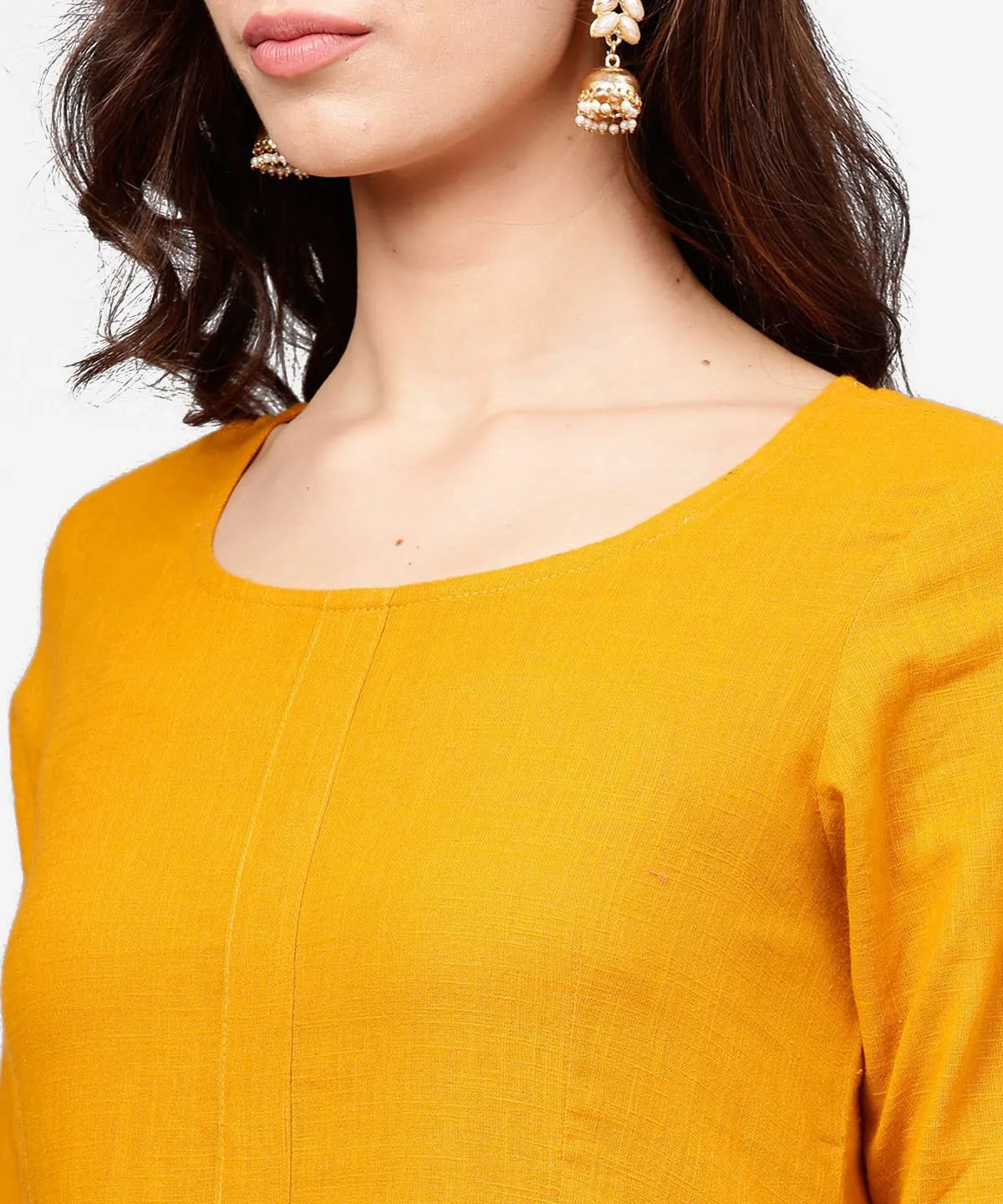 Yellow 3/4Th Sleeve Cotton Anarkali Kurta With Ankle Length Flared Pallazo With Gotta Work